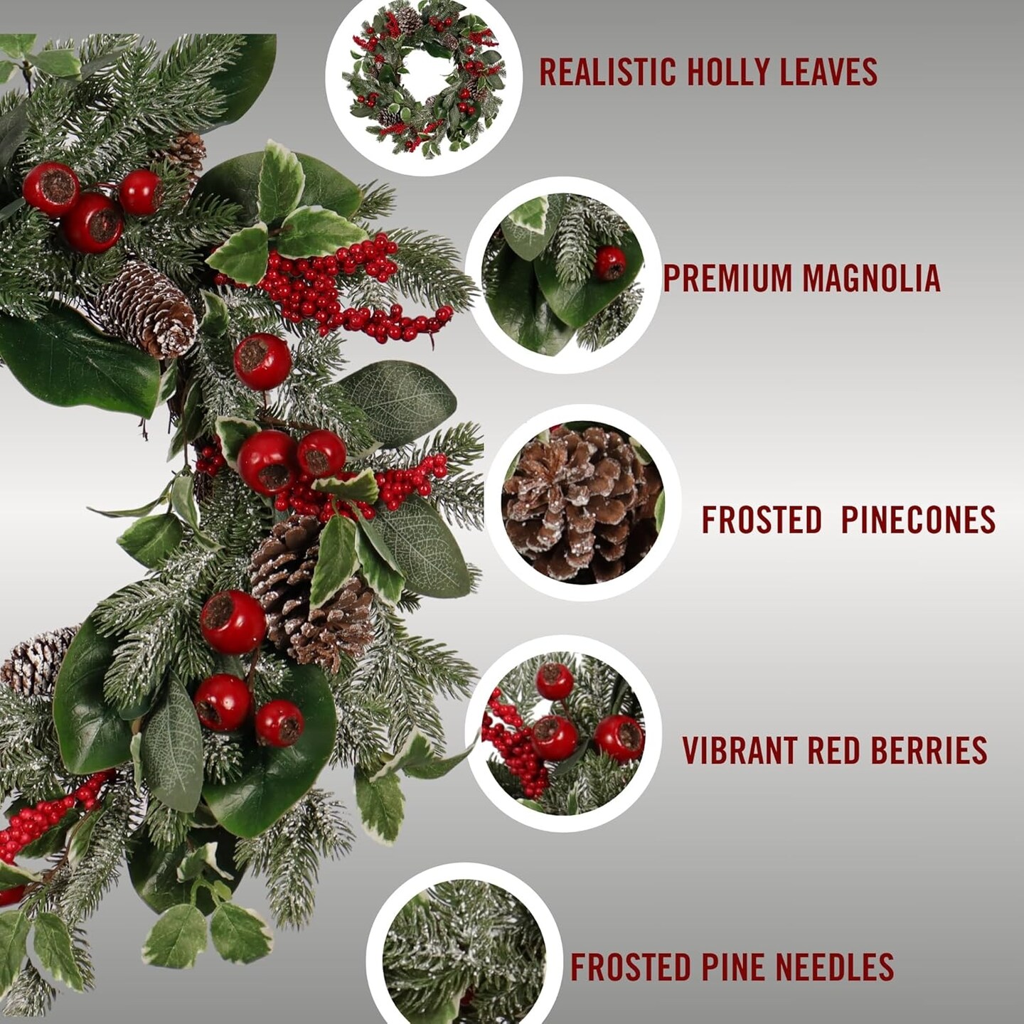 24-Inch Christmas Wreath for Front Door(Red Berry)22&#x22;D x 22&#x22;W x 5&#x22;H