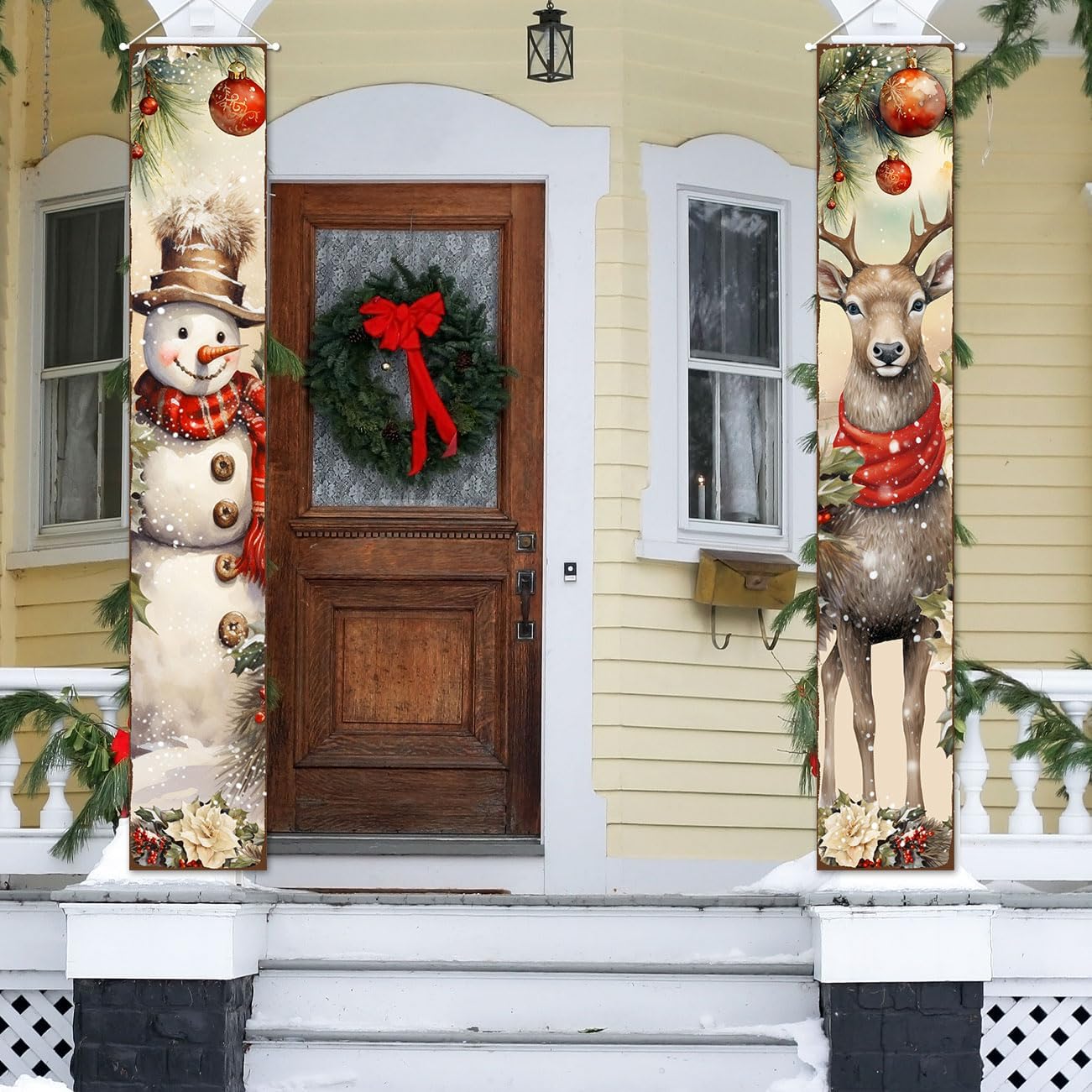 Christmas Porch Sign Banner - Snowman & Deer Decoration - 71"L x 12"W