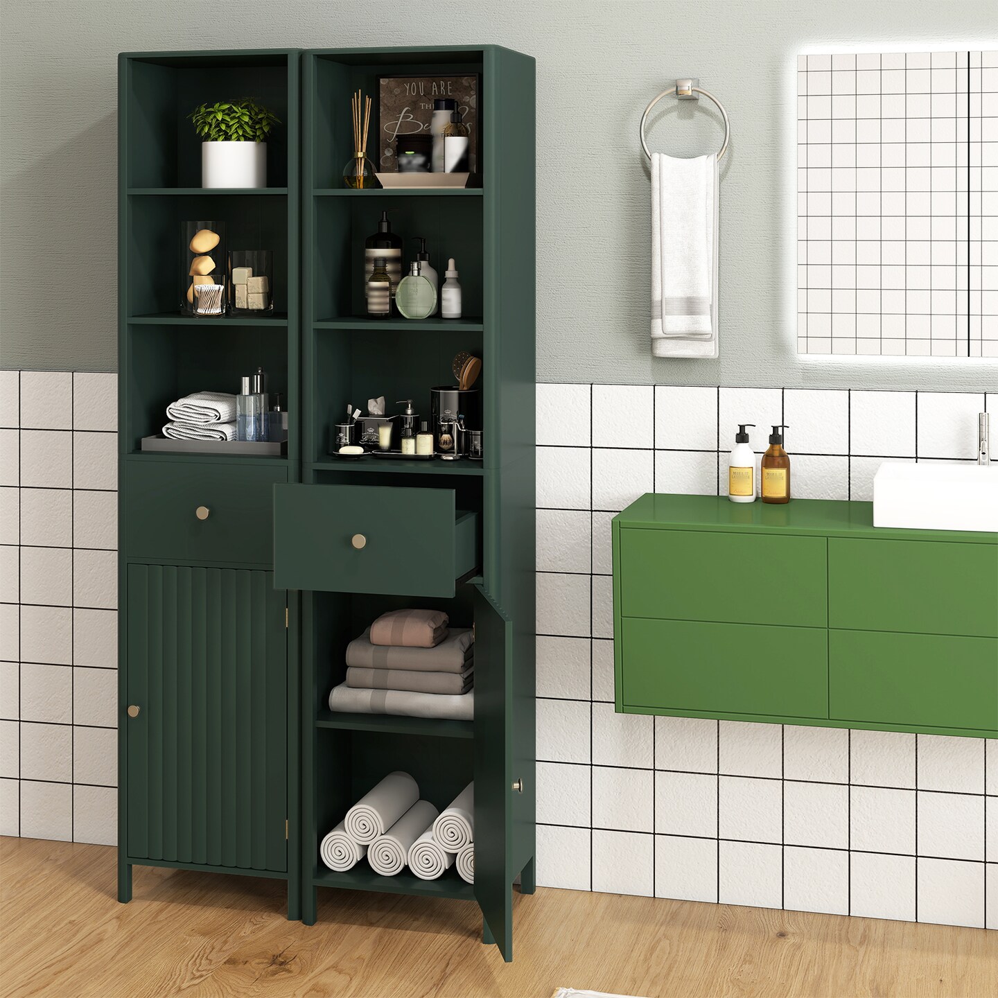 67" Tall Bathroom Cabinet Narrow Floor Cabinet with Fluted Door