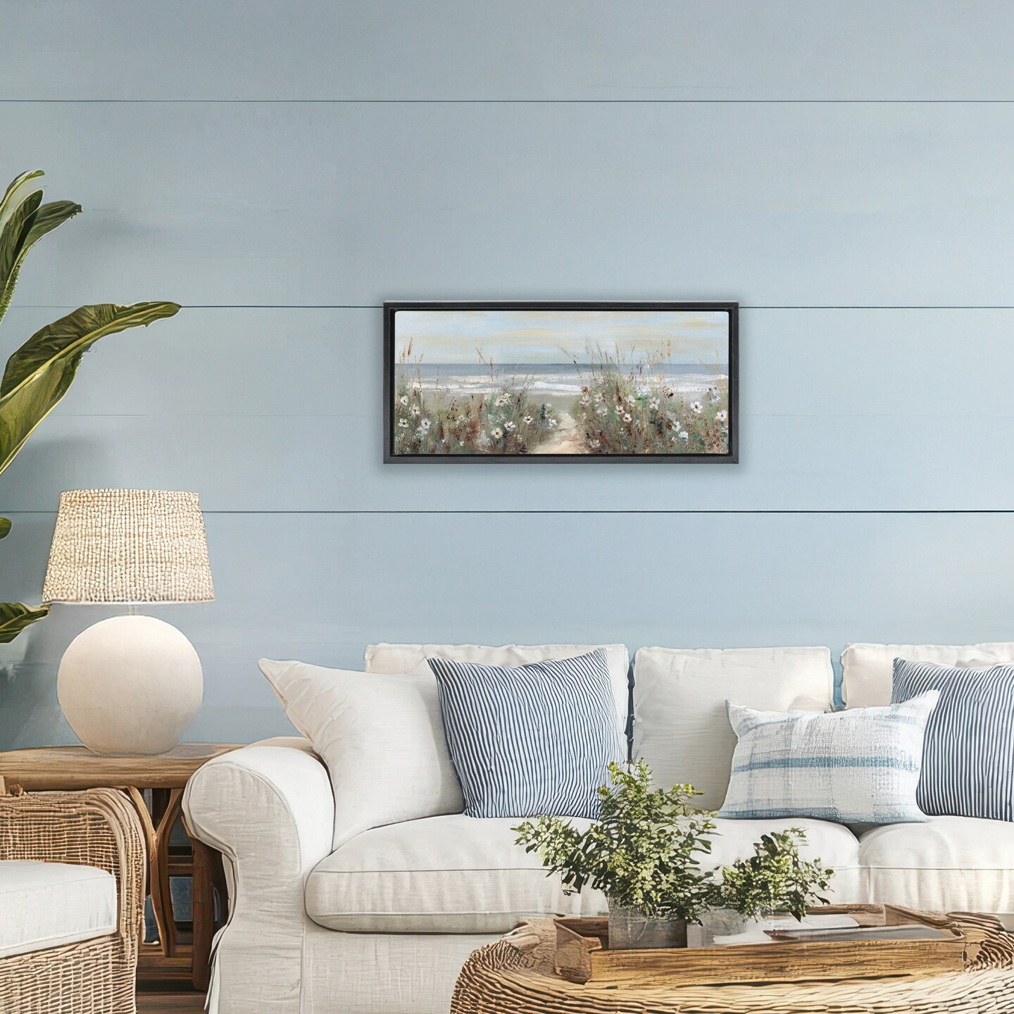 Stupell Industries Wildflower Coastline Beach Path Black Framed Floater Canvas Wall Art, design by Sally Swatland