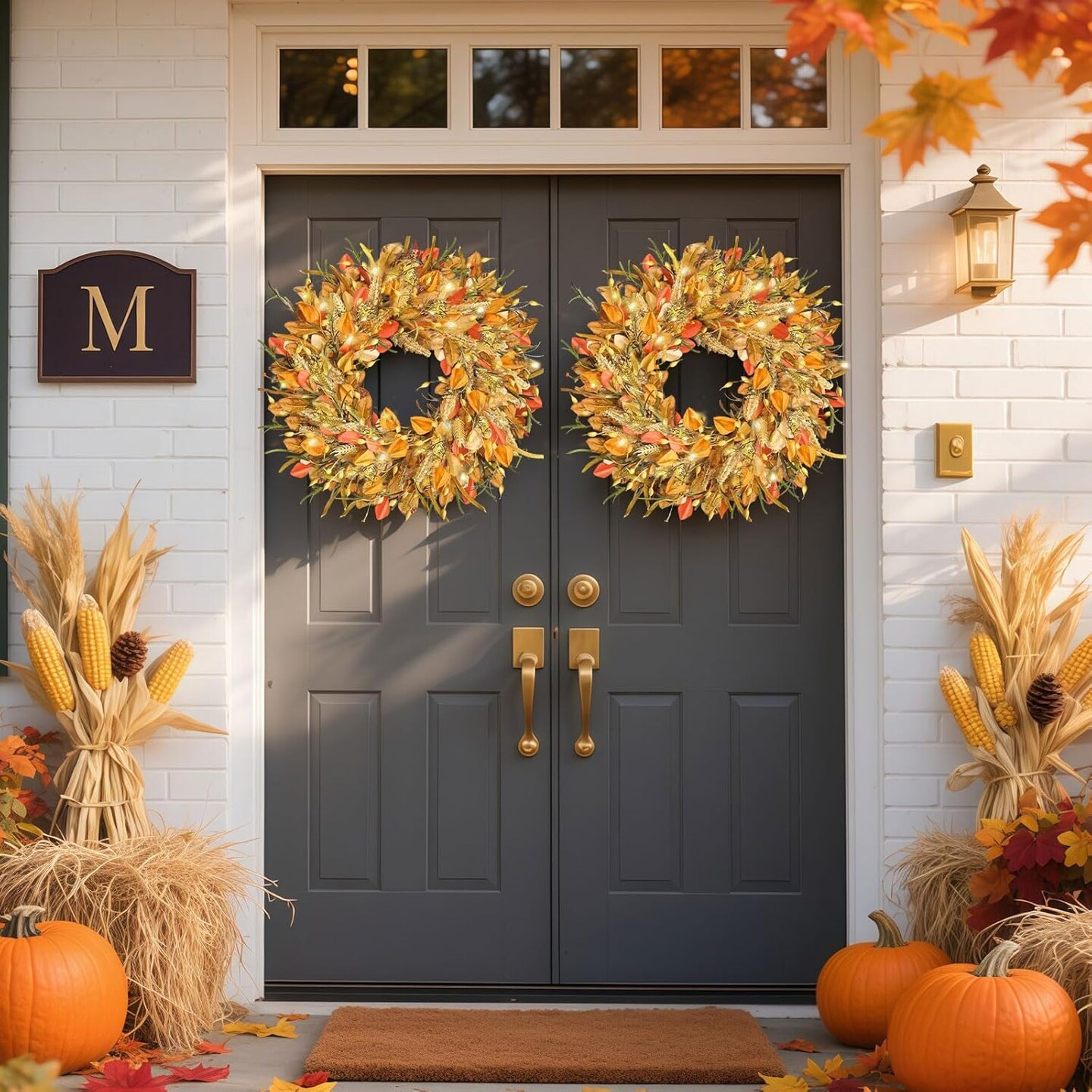 24 Inch Fall Wreaths for Front Door with Lights,(Golden-a)24&#x22;D x 24&#x22;W x 3&#x22;H