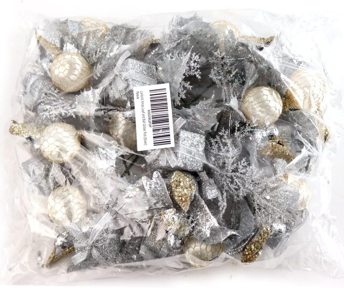 Set of 12: Traditional Silver Glitter Picks with Gift Box, Dove Bird, &#x26; Ornament Ball | Festive Holiday Decor | Trees, Wreaths, &#x26; Garlands | Christmas Picks | Home &#x26; Office Decor - 2024 Christmas Collection, Floral Home by Artificial Flowers