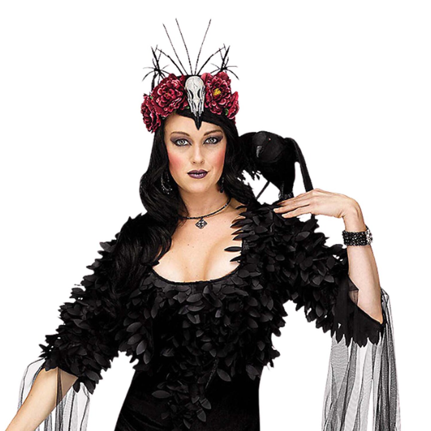 Women Raven Mistress Costume Black Floor Length Gown with Feather Shrug