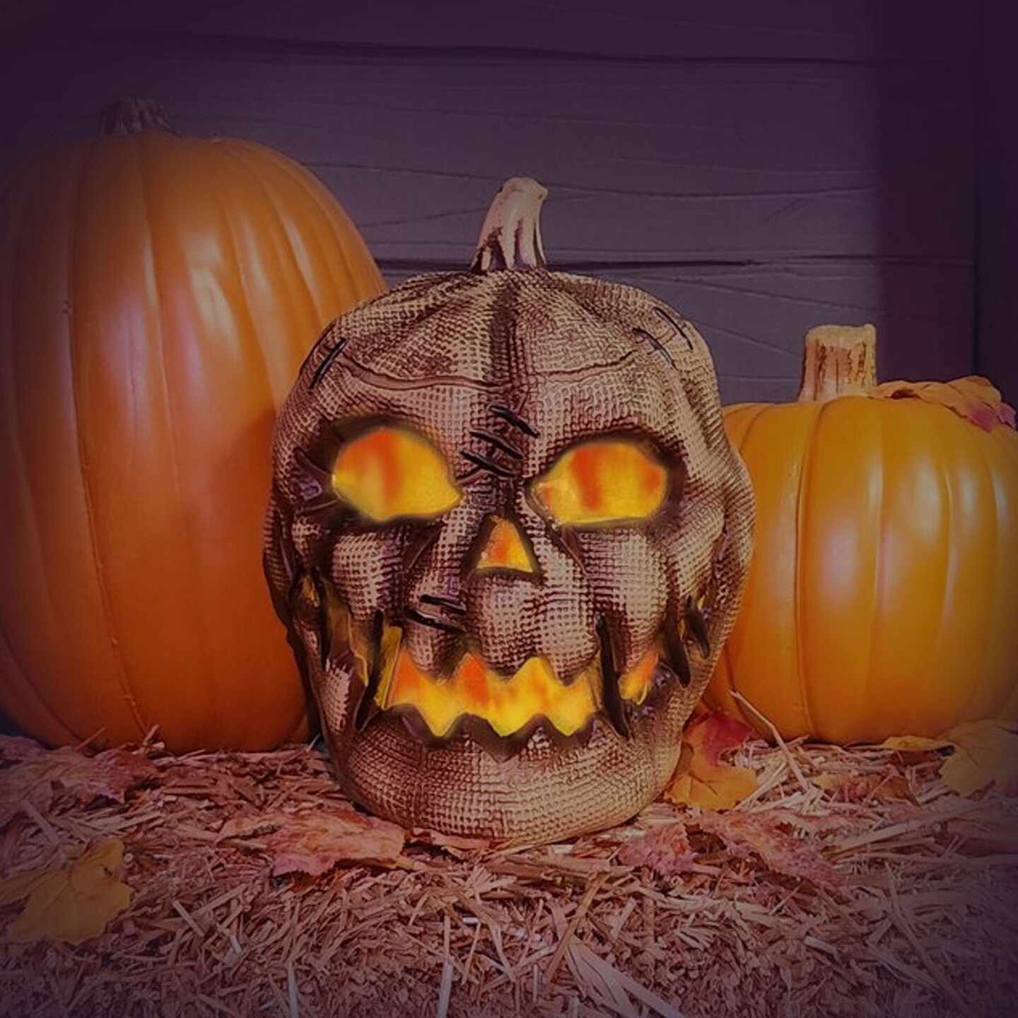 Realistic Flaming Burlap Pumpkin Halloween Ornament 10 Inches