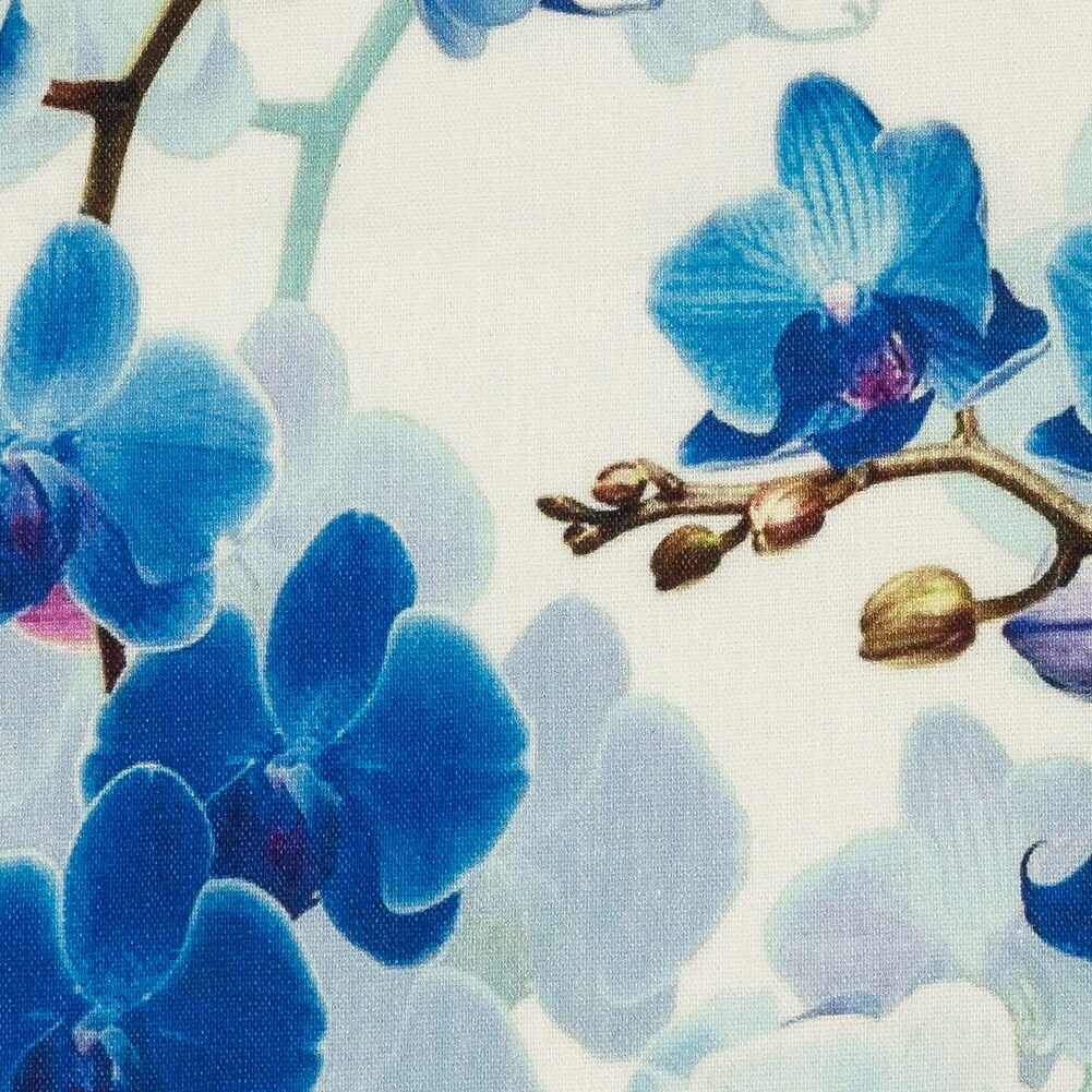 1 Yard Tilted Blue Orchids and Lily White Printed Stretch Linen and Rayon Woven 52 inch Width Fabric