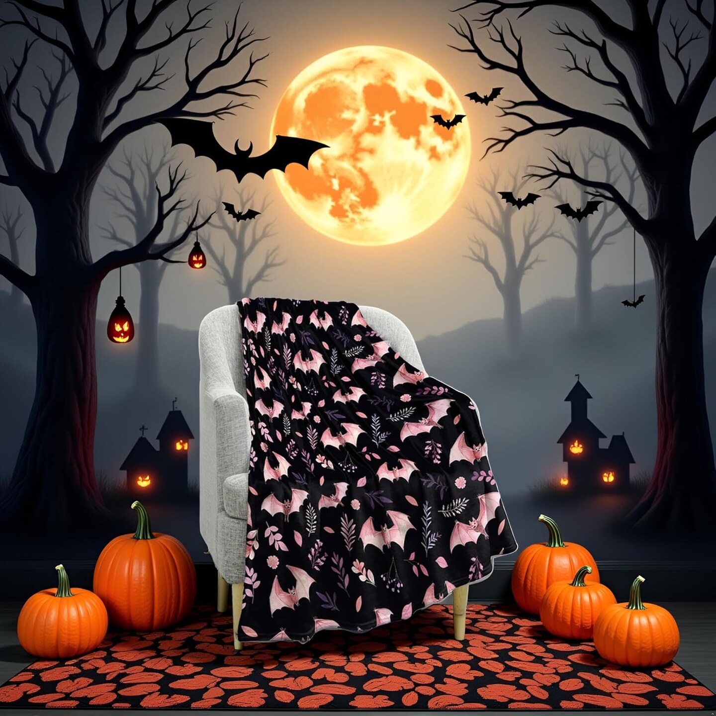 Floral and Bat Throw Blanket Gifts for Adult Kids(Bat1)