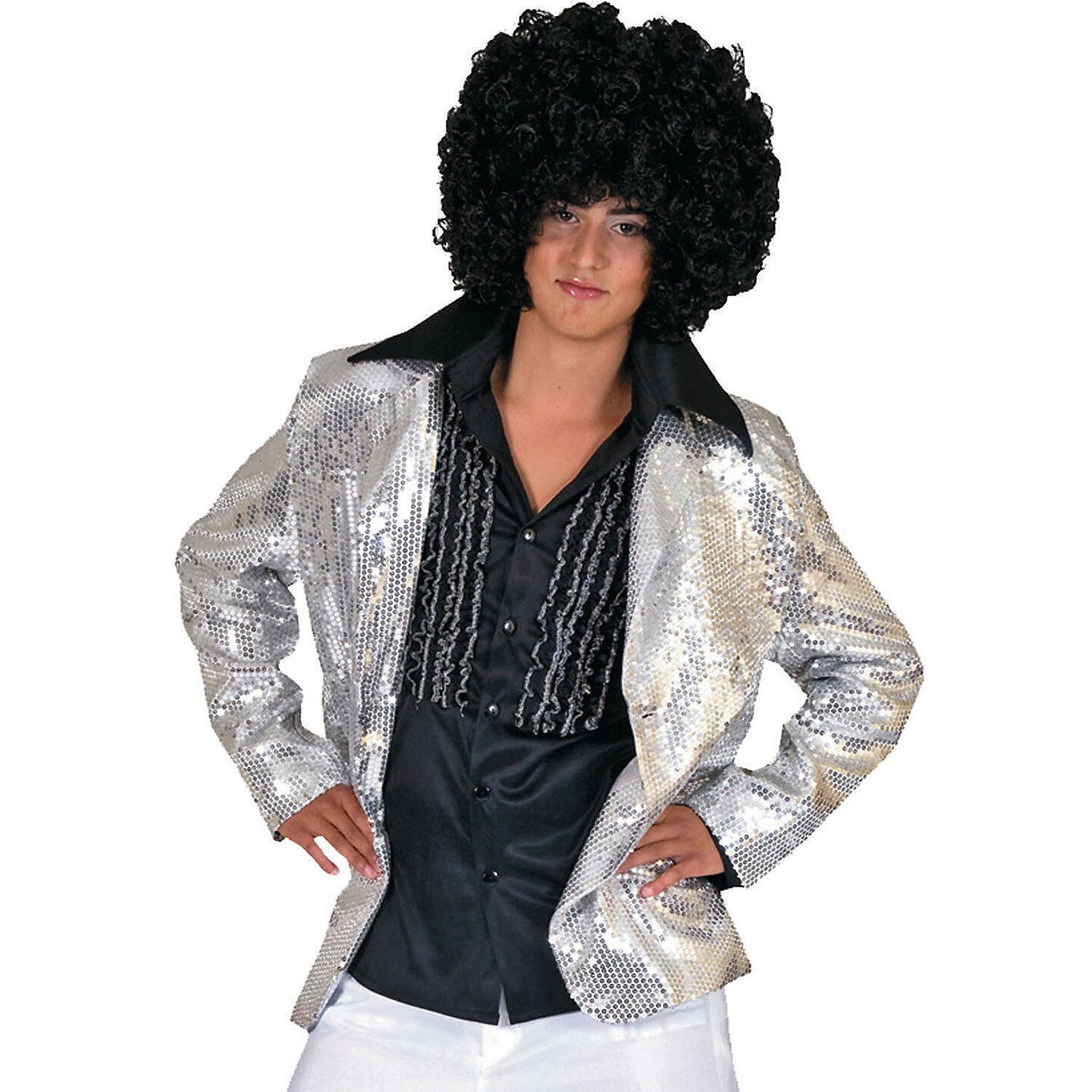 Mens Disco Jacket Silver Sequin Button Front Halloween Costume Adult Medium