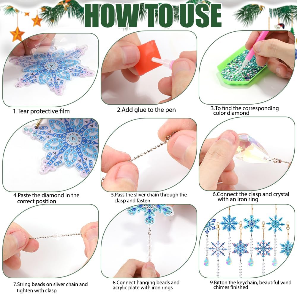8pcs Christmas Snowflake Diamond Painting Kits - Double Sided Wind Chimes
