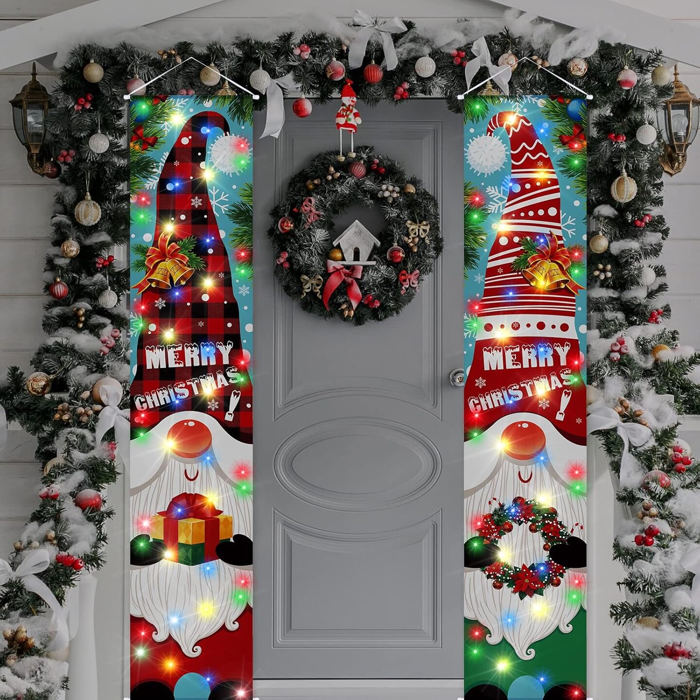 2 Pieces Lighted Gnome Christmas Banner Decorations Outdoor Xmas Hanging(bright colors)1"L x 1"W