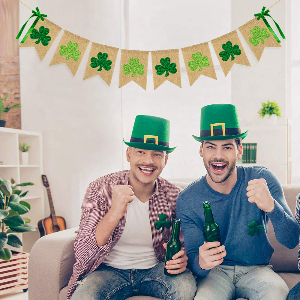 Glittery Shamrock Burlap Banner St. Patrick's Day Green Shamrock Clover Banner Garland with Bows Saint Patrick's Day Party Decorations for Irish Lucky Day St. Patty’s Day Home Outdoor Decor