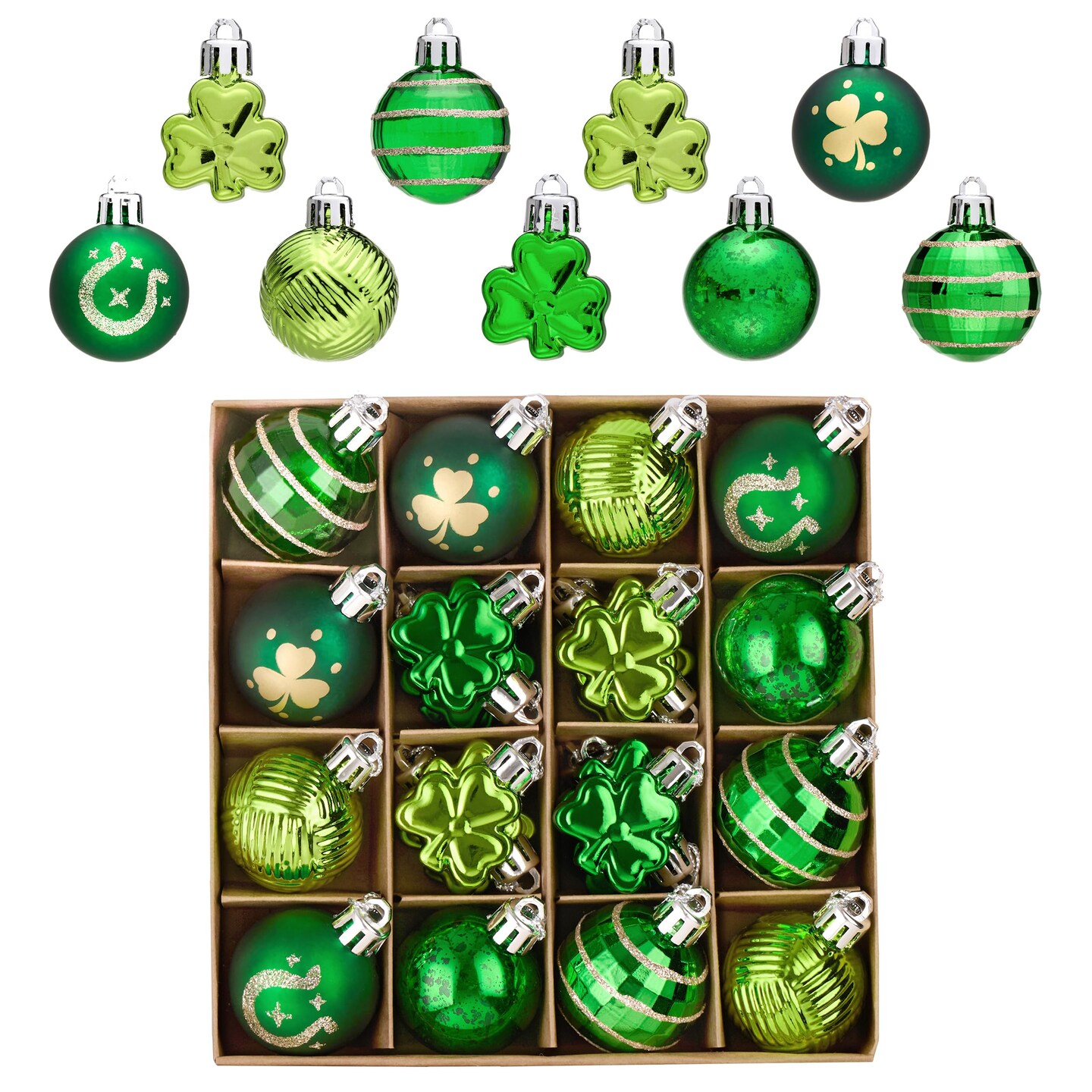 Valery Madelyn St Patricks Day Decorations Shamrock Tree Ornament Set, 28pcs 1.57inch Hanging Ball Ornament Irish Festival Decor, Good Luck Clover Green Gold Christmas Ball for Party Home Spring