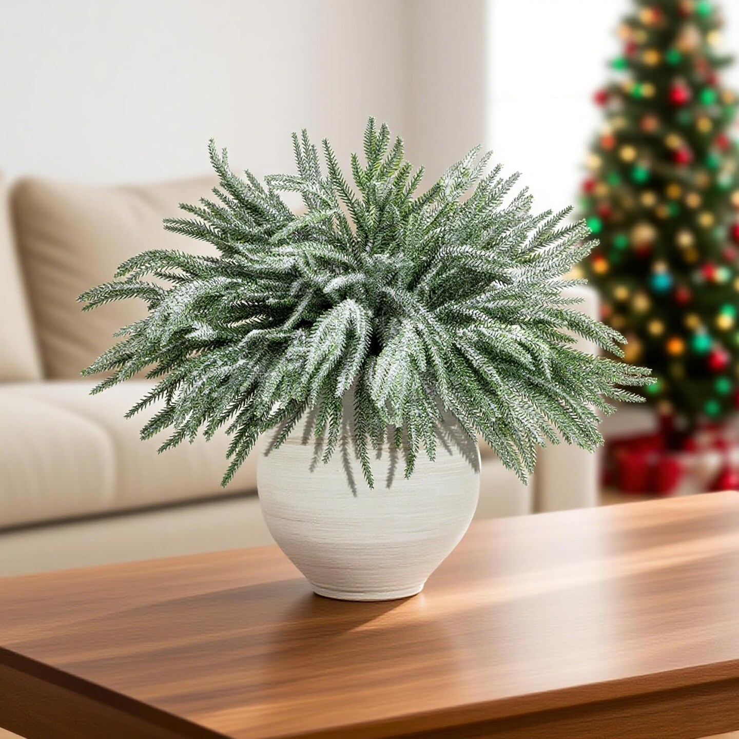 10 Pcs Christmas Snow Norfolk Pine Branches (Green, White)