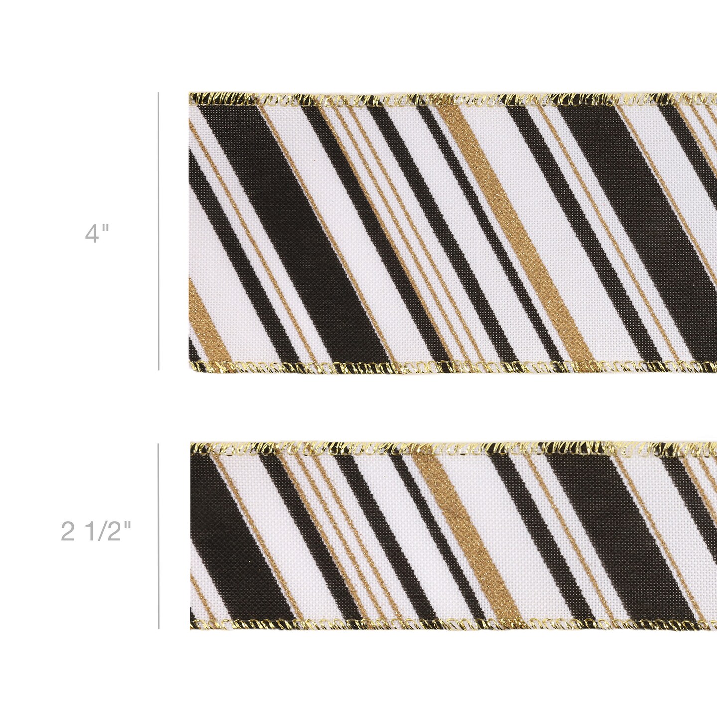 LaRibbons 2 1/2" - 1 1/2" Faux Linen Wired Ribbon | w/ Black & White & Gold Stamping Twill Stripe | 10 Yard Roll