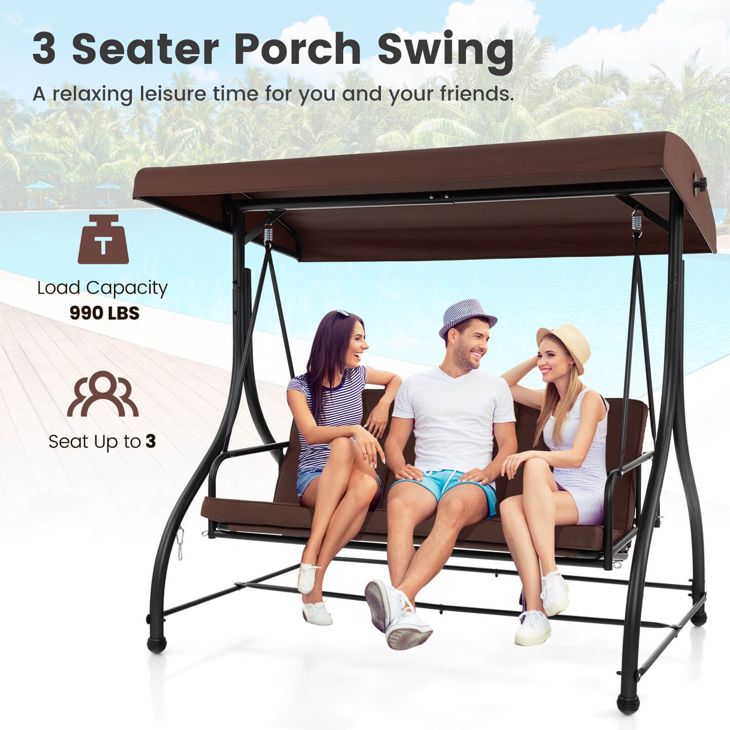 Costway 3-Seat Outdoor Converting Patio Swing Glider Adjustable Canopy Porch Swing Coffee/Black/Wine