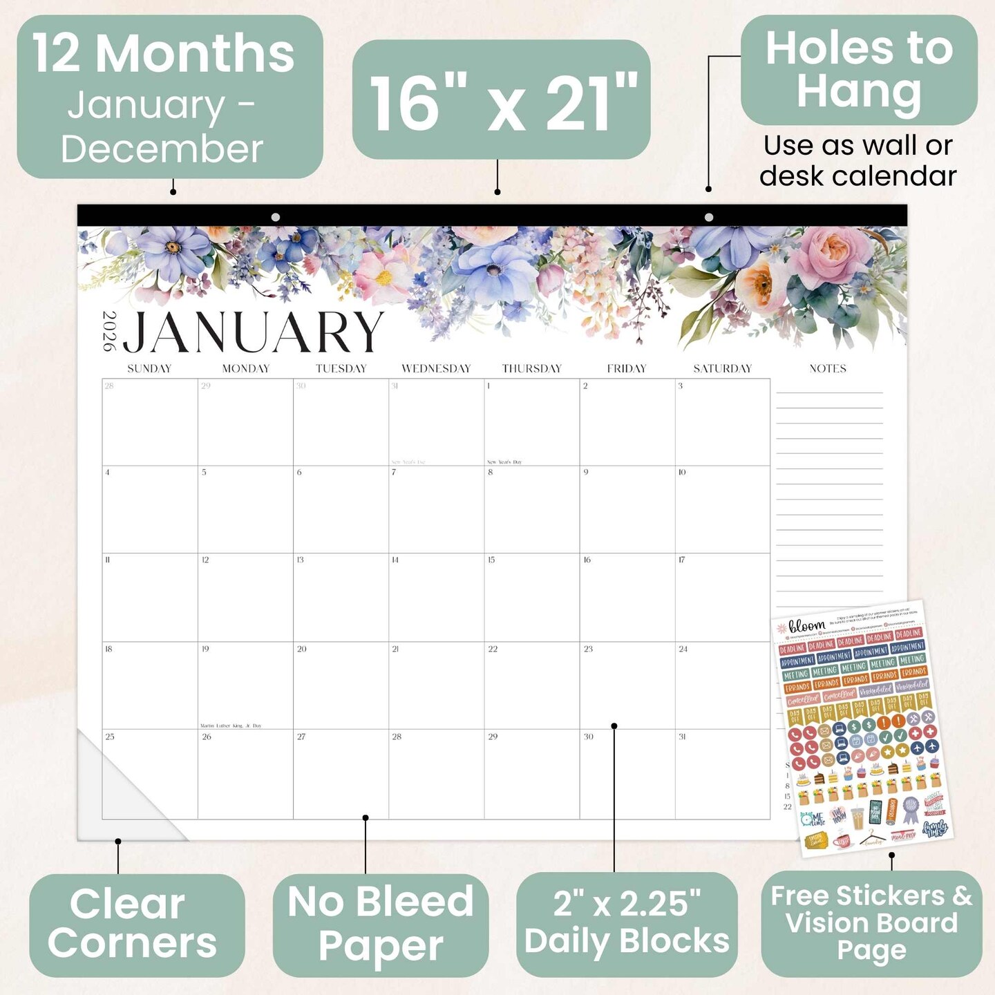 bloom daily planners 2026 Desk &#x26; Wall Calendar, 16&#x22; x 21&#x22;, Seasonal Florals