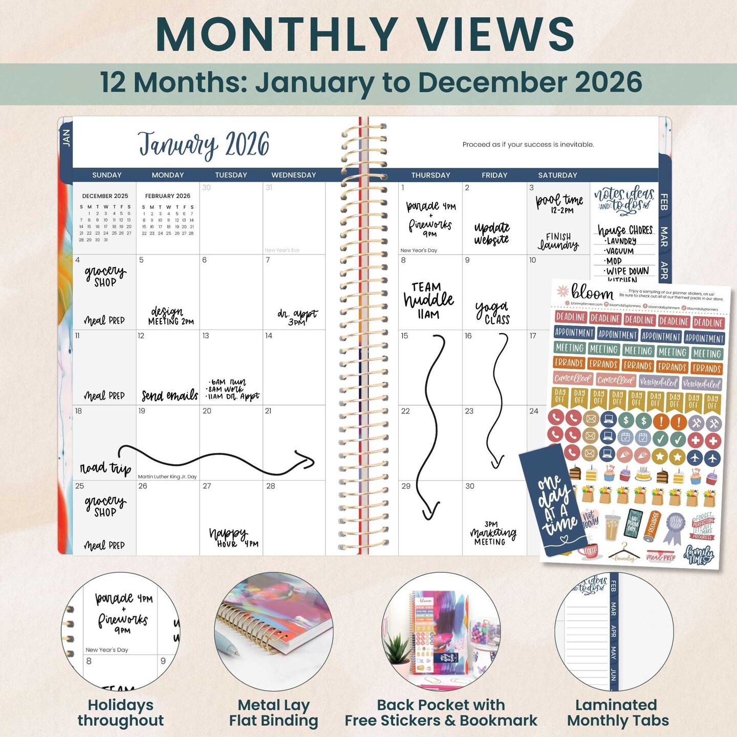 bloom daily planners 2026 Soft Cover Weekly &#x26; Monthly Planner, 5.5&#x22; x 8.25&#x22;, Brilliant Brushstrokes