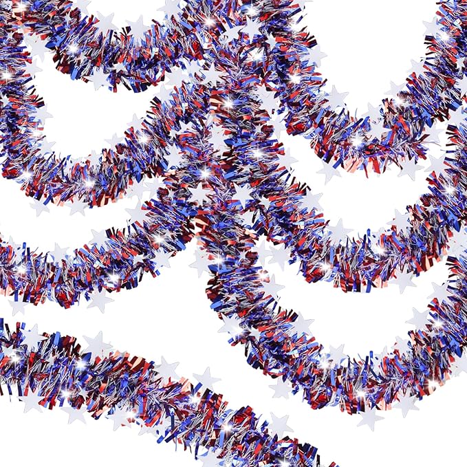 33FT 4th of July Garland, Red White and Blue Patrioic Star Metallic Tinsel Garland for Independence Day, Memorial Day and Veterans Day Decorations
