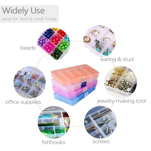 15 Girds Bead Organizer(4 Pack), Earring Organizer Box, SMALL Plastic Containers with Adjustable Dividers for Crafts Jewelry Screws Fishing Tackles Small Items, Size 6.9&#xD7;3.9&#xD7;0.9in