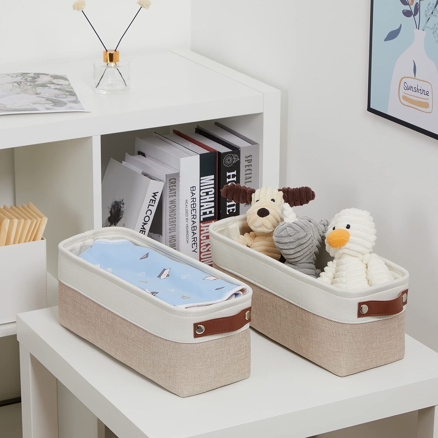 2-Pack Bathroom Baskets for Toilet, Small Storage Bins for Organizing Closets, Cabinets, Shelves, Canvas Fabric Storage Basket Bins With Leather Handles for Empty Gift Basket (White&#x26;Khaki)