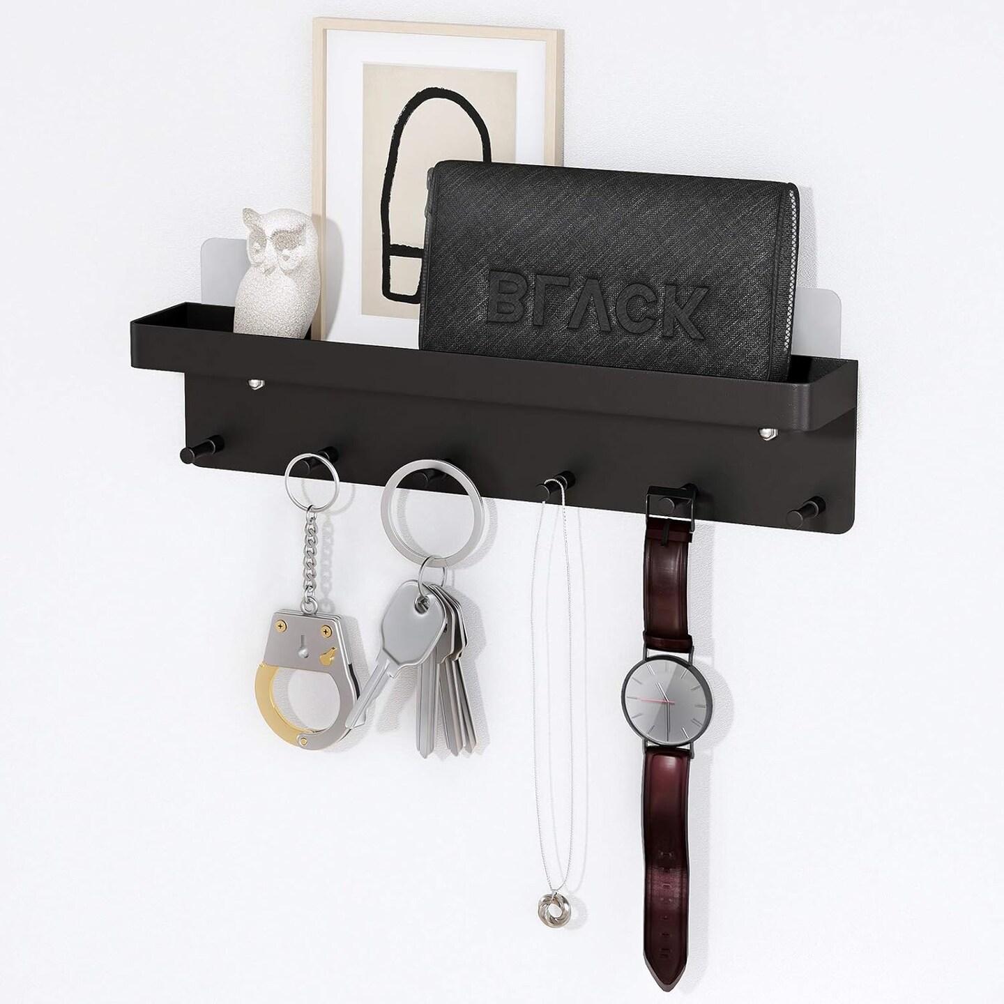 Wall-Mounted Key Holder – Black Adhesive Key Rack with Mail Organizer Tray and 6 Hooks