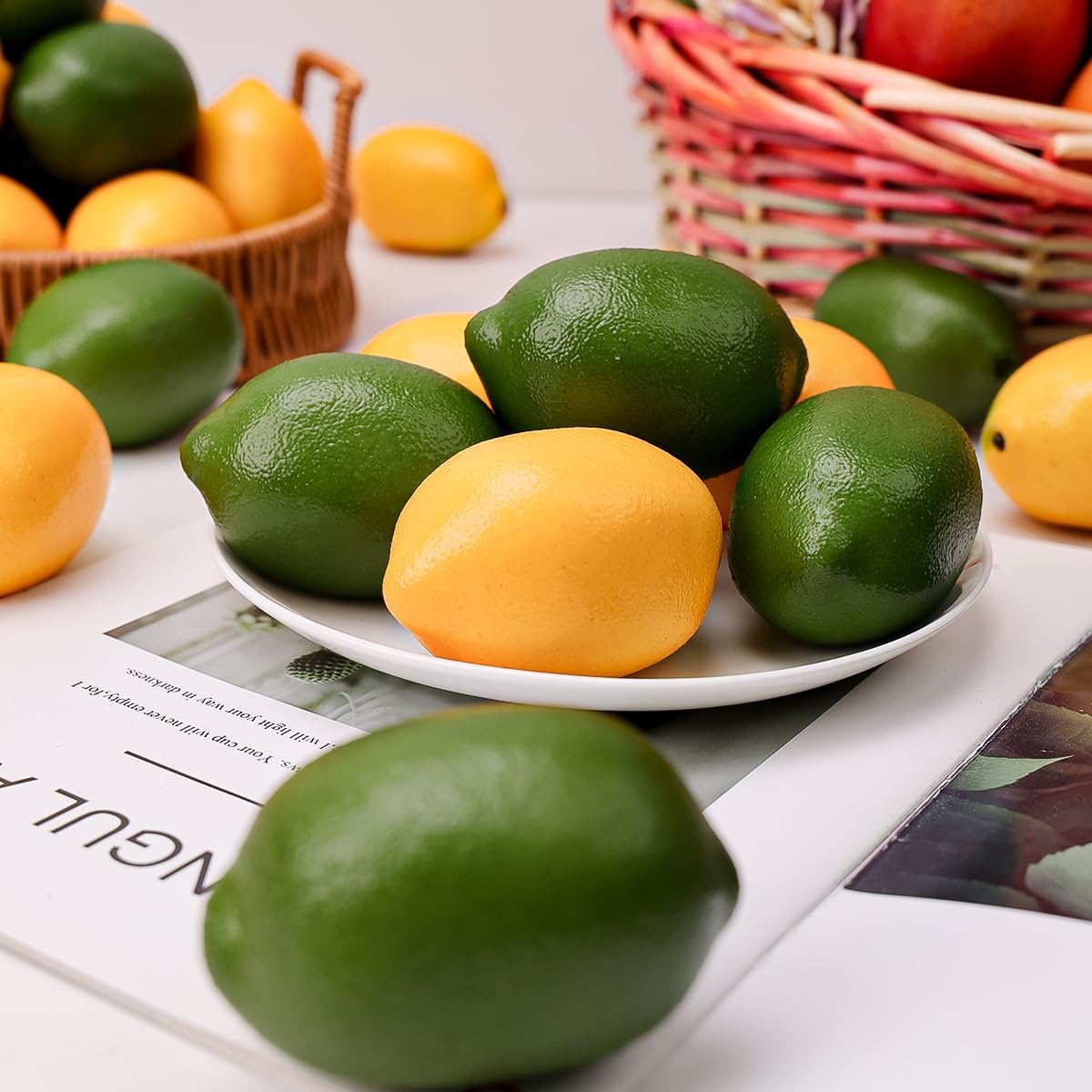 12pcs Yellow &#x26; Green Artificial Lifelike Simulation Lemon Fake Fruit Home Kitchen Cabinet Decoration