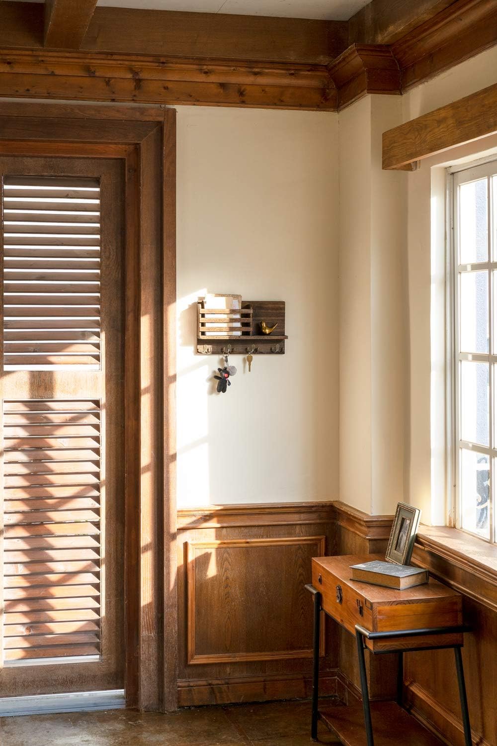 Wall Mounted Mail Holder Wooden Key Holder Rack Mail Sorter Organizer with 4 Double Key Hooks and A Floating Shelf Rustic Home Decor for Entryway or Mudroom,15.7" W x9.3 Hx3.2 D, Brown