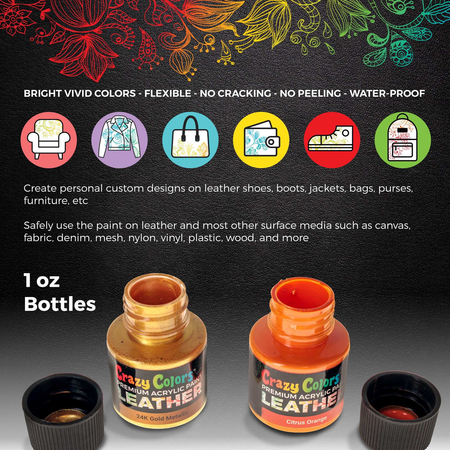 Premium Acrylic Shoe &#x26; Leather Paint Kit 29-Color with 4 Brushes (1 oz Bottles) - Acrylic Leather Paint for Shoes, Sneakers, Jackets, Bags, Purses, Furniture