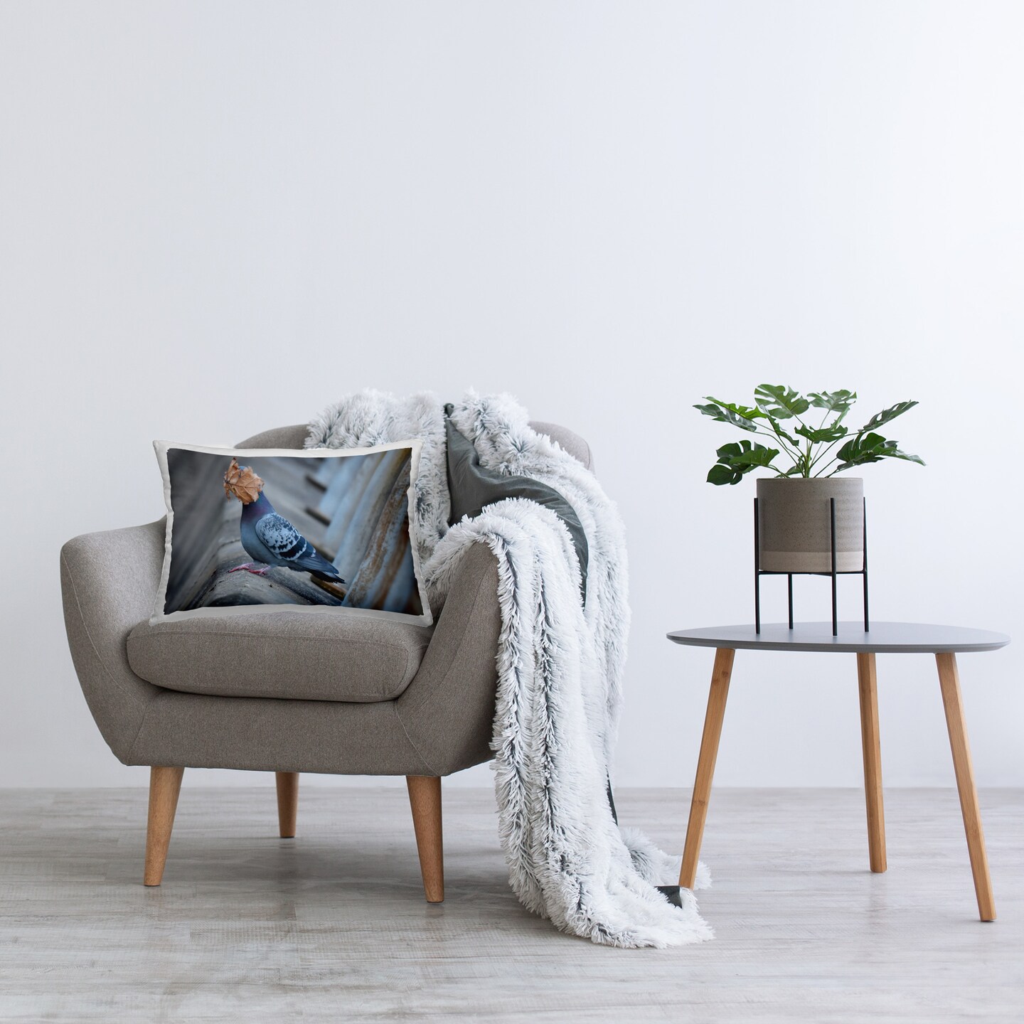 Funny Pigeon &#x26; Leaf Design by John Speirs Throw Pillow 