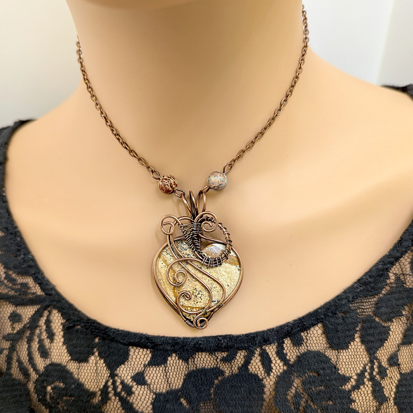 Picture Jasper Wire Wrapped Heart Stone Pendant Necklace, Wire