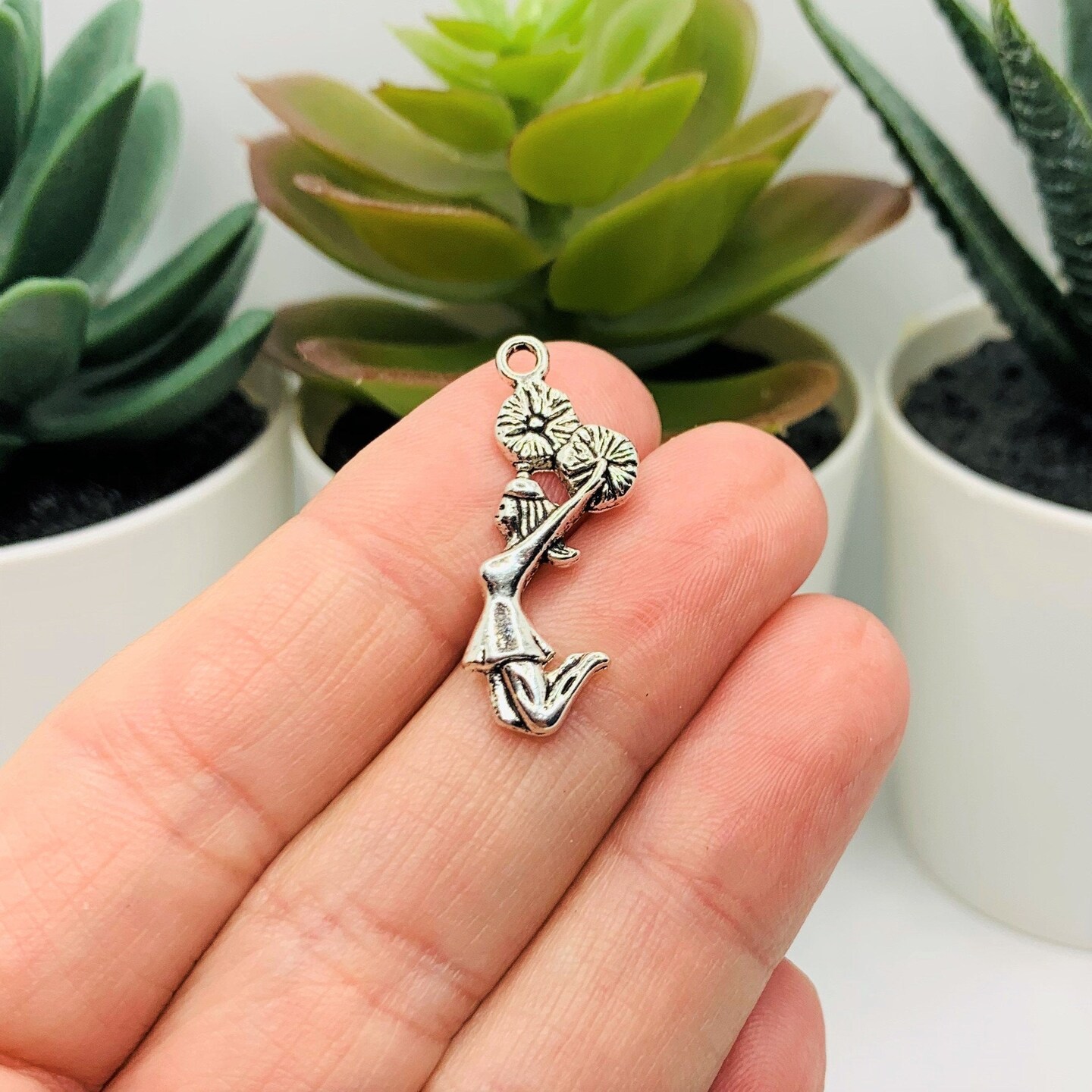 4, 20 or 50 Pieces: Silver Cheerleader with Pom Poms Charms