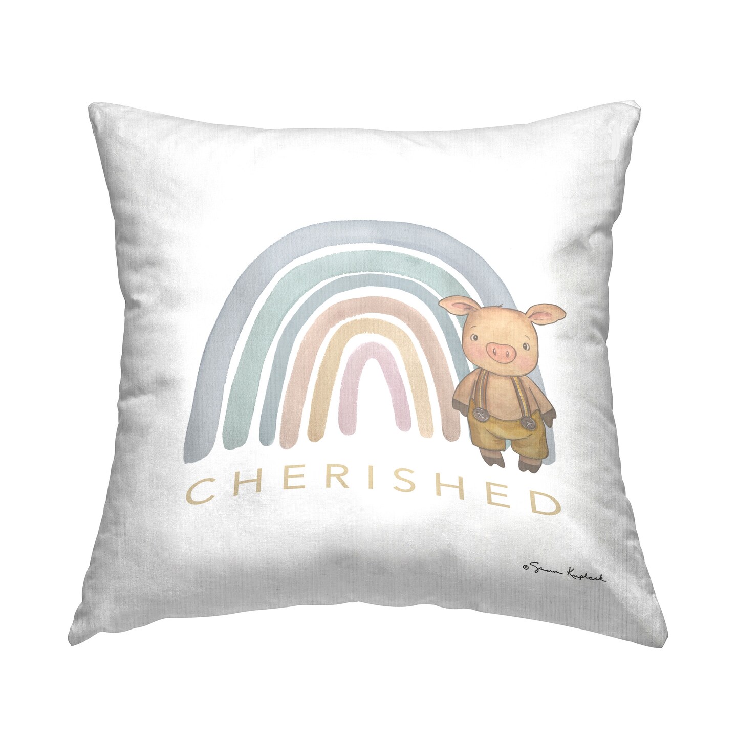 Cherished Pig &#x26; Rainbow Design by Sharon Kuplack Throw Pillow 