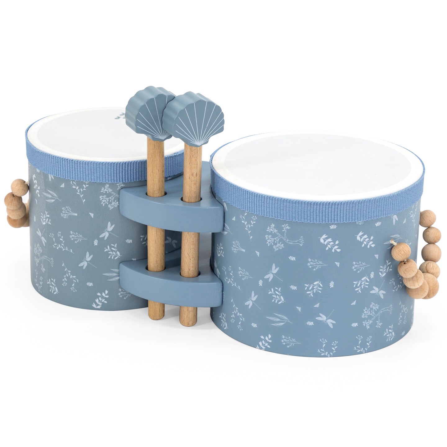 Label Label: Wooden Bongos - Blue - Musical Instrument Toy, 2 Shell-Shaped Drum Sticks, Carry Handles, Develops Creativity, Toddler &#x26; Kids Ages 2+