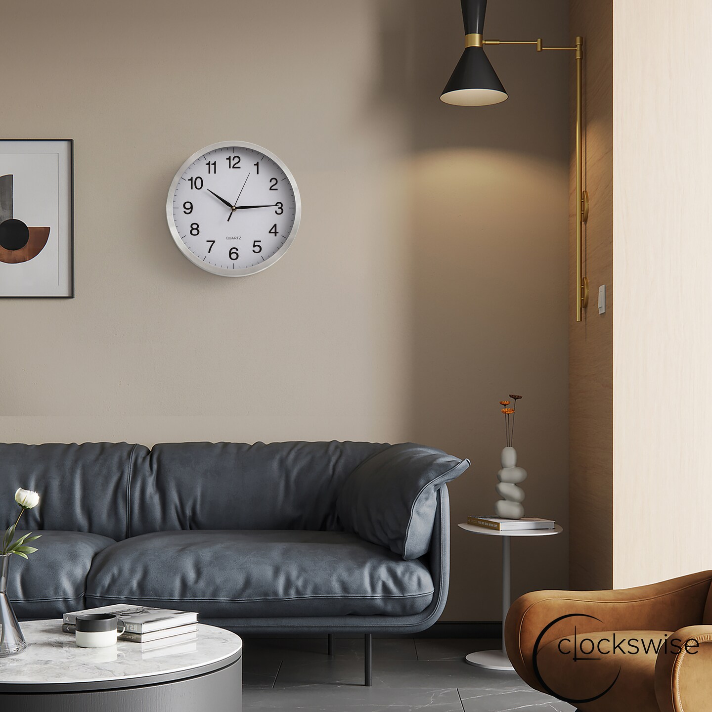 Clockswise Round Quartz Wall Clock Non-Ticking Battery Operated with Silent Sweep Movement, Aluminum Silver Frame, Perfect for Home Kitchen Office Living Room Study Hallway Classroom, Black Face