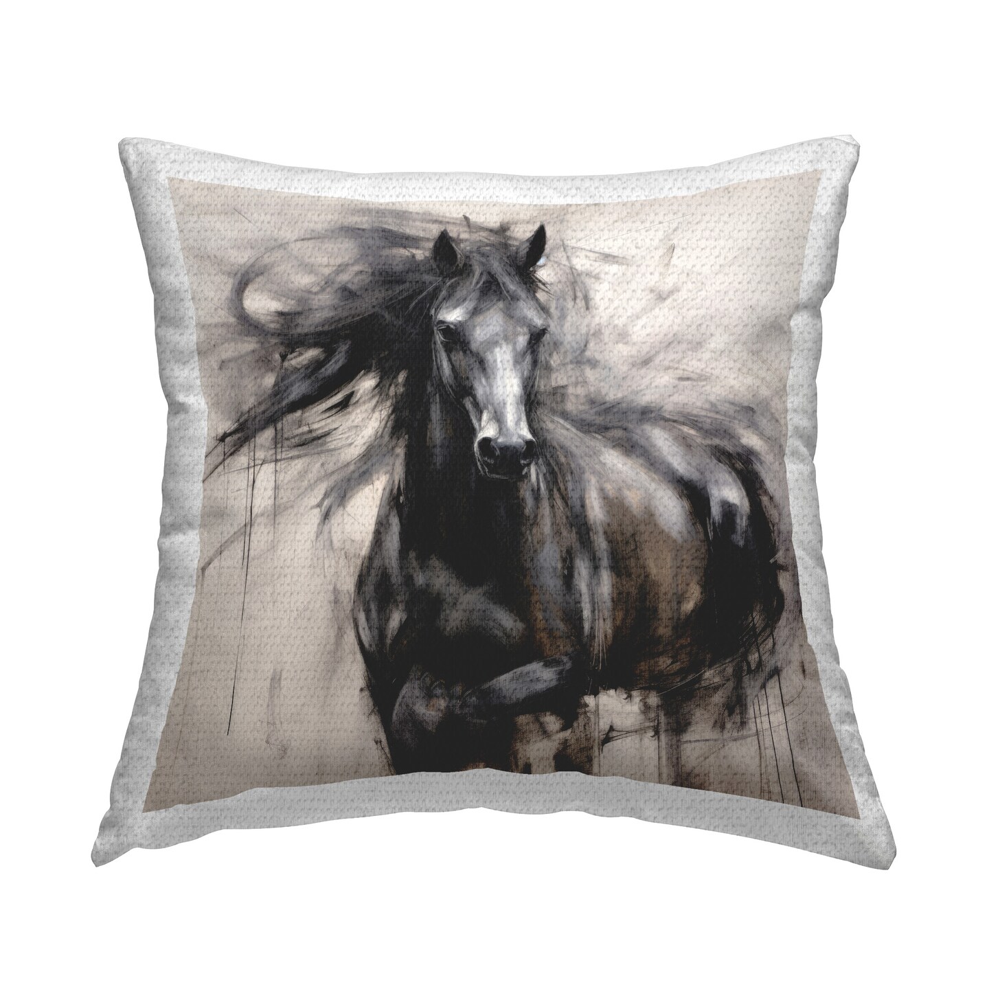 Windblown Black Horse Design by Irena Orlov Outdoor Printed Pillow