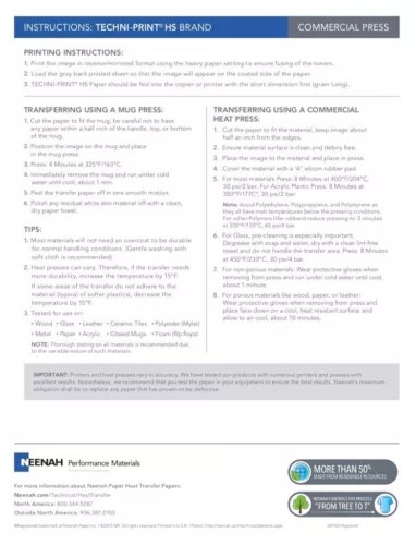 NEENAH TECHNIPRINT HS (Hard Surfaces) LASER TRANSFER PAPER 50 SHEETS 8.5"X11"