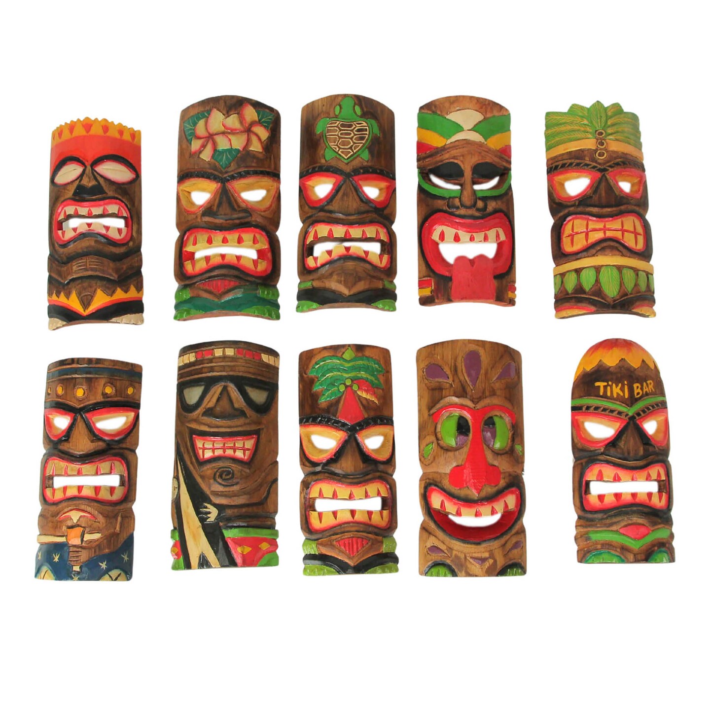 Hand Carved Wood Art Polynesian Party Hawaiian Tiki Masks 10 Piece Set 10 Inch