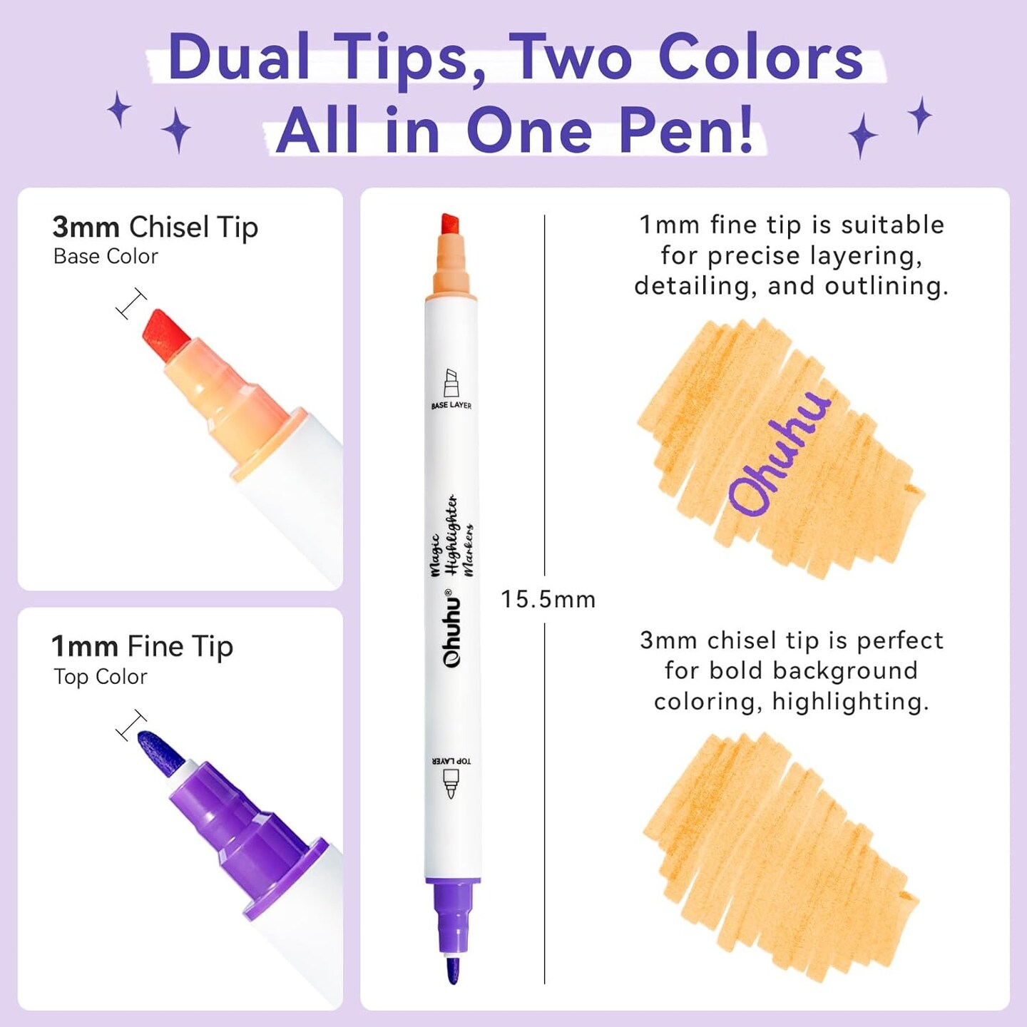 Ohuhu Markers Highlighters 16 Pack 32 Colors Dual Tips Double Colors Chisel &#x26; Fine Water-Based Highlighters Assorted Colors for Journaling Office School Supplies Bible Note Taking