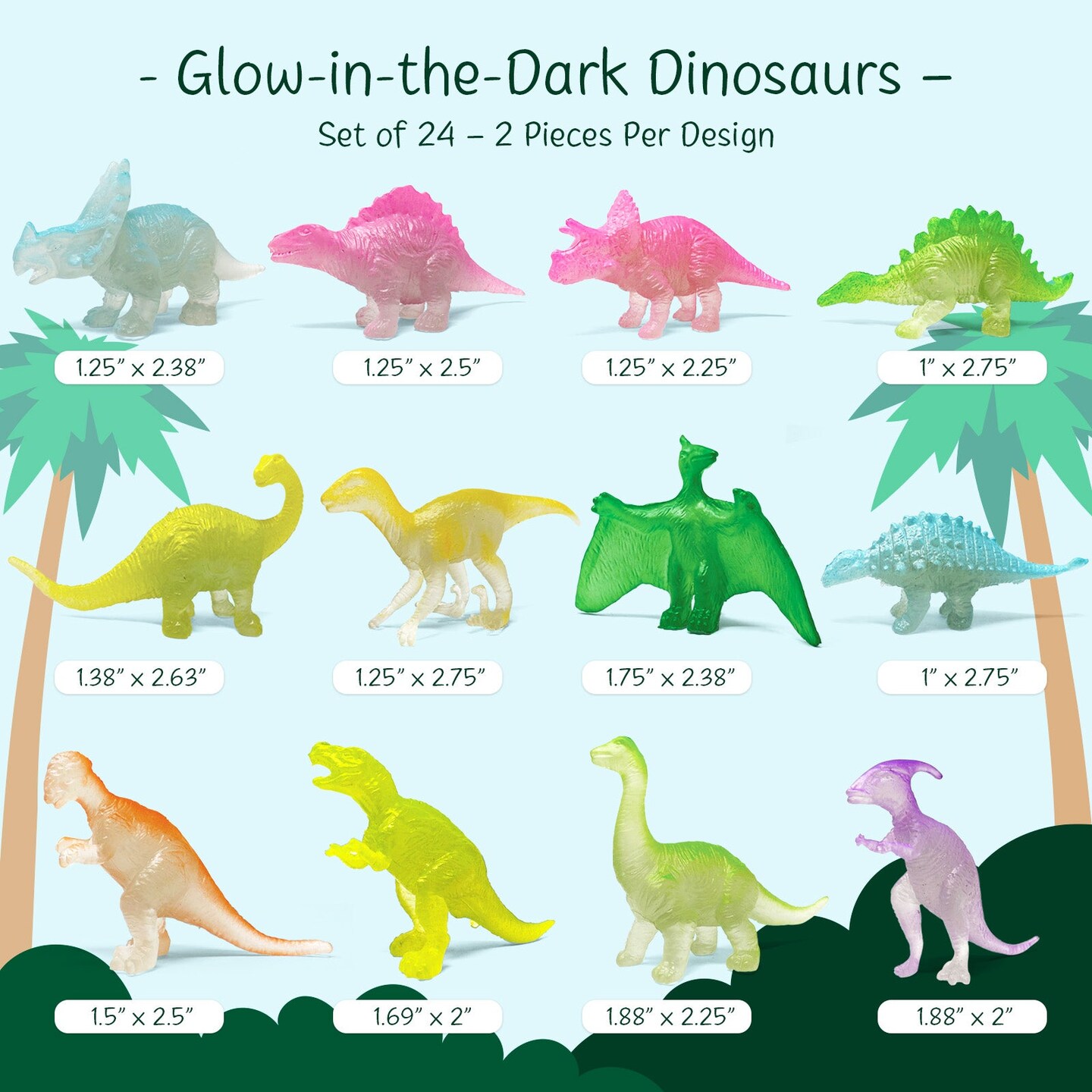 Wrapables Mini Plastic Dinosaur Figurines, Miniature Dino Figures for Cake Toppers, Birthday Party Favors, Stocking Stuffers, Easter Egg Fillers (Set of 24), Luminous