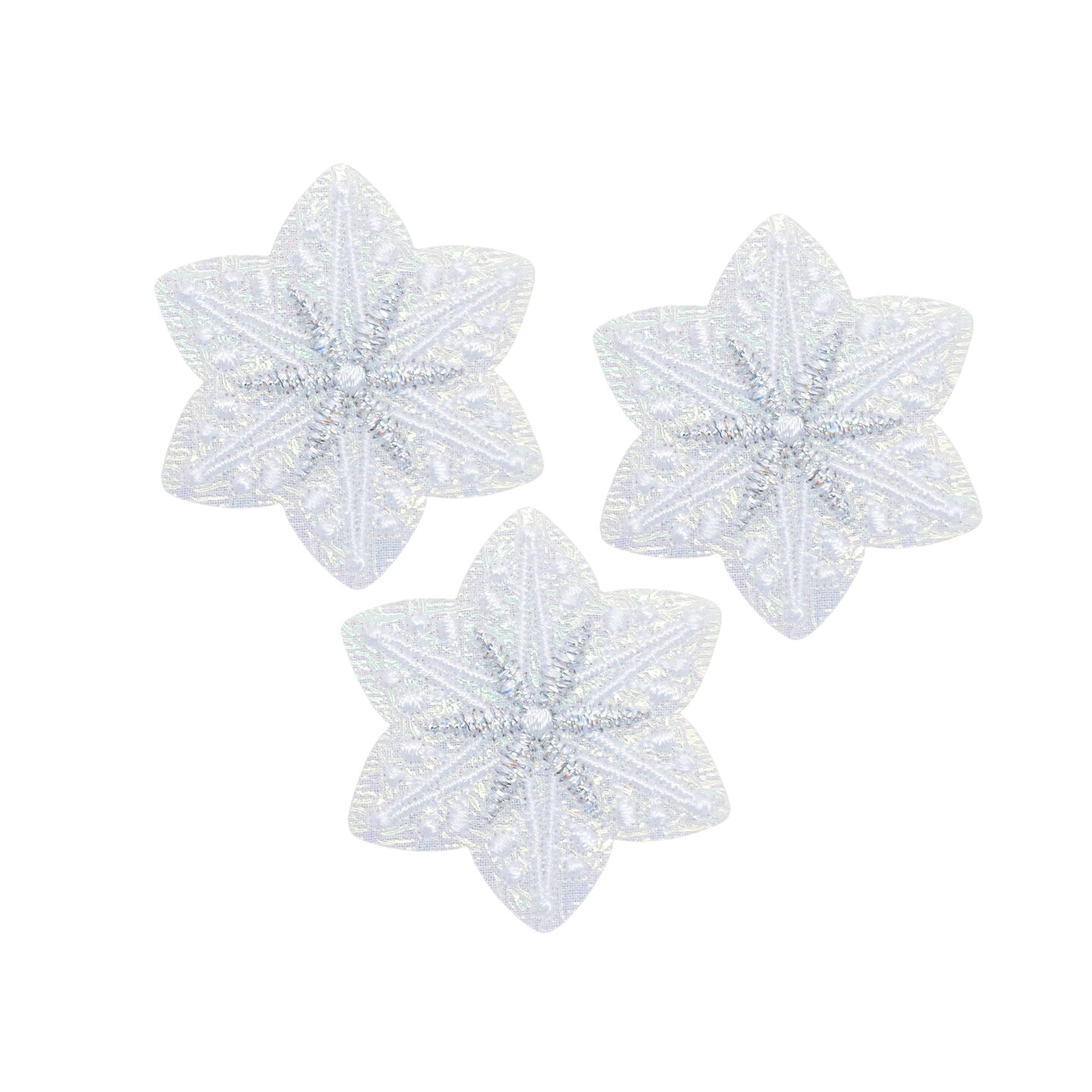 Set of 3, White Snowflake, Iridescent, Christmas, Winter, Embroidered, Iron on Patch