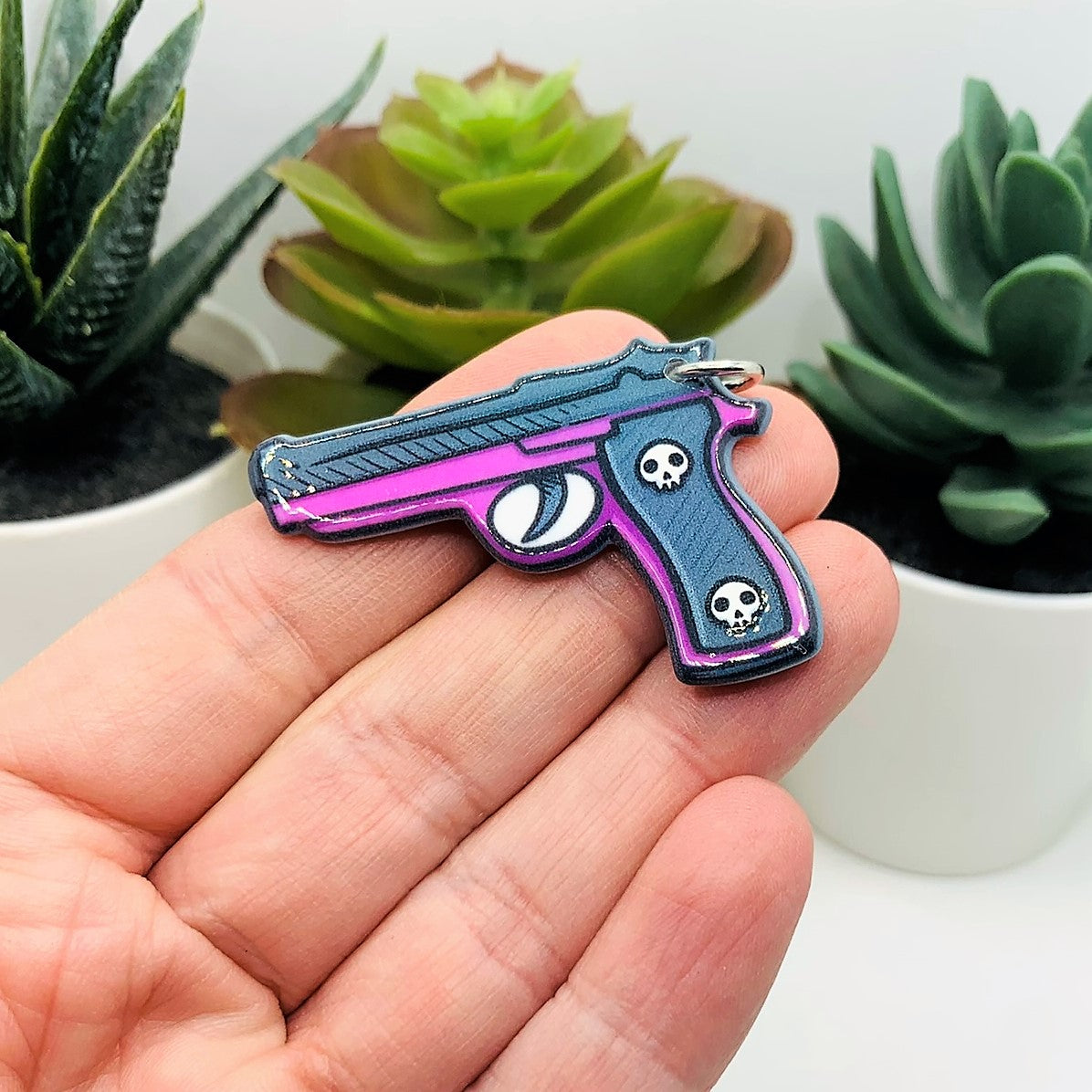 1, 4 or 20 Pieces: Pink Handgun Charm with Skull Handle - Double Sided