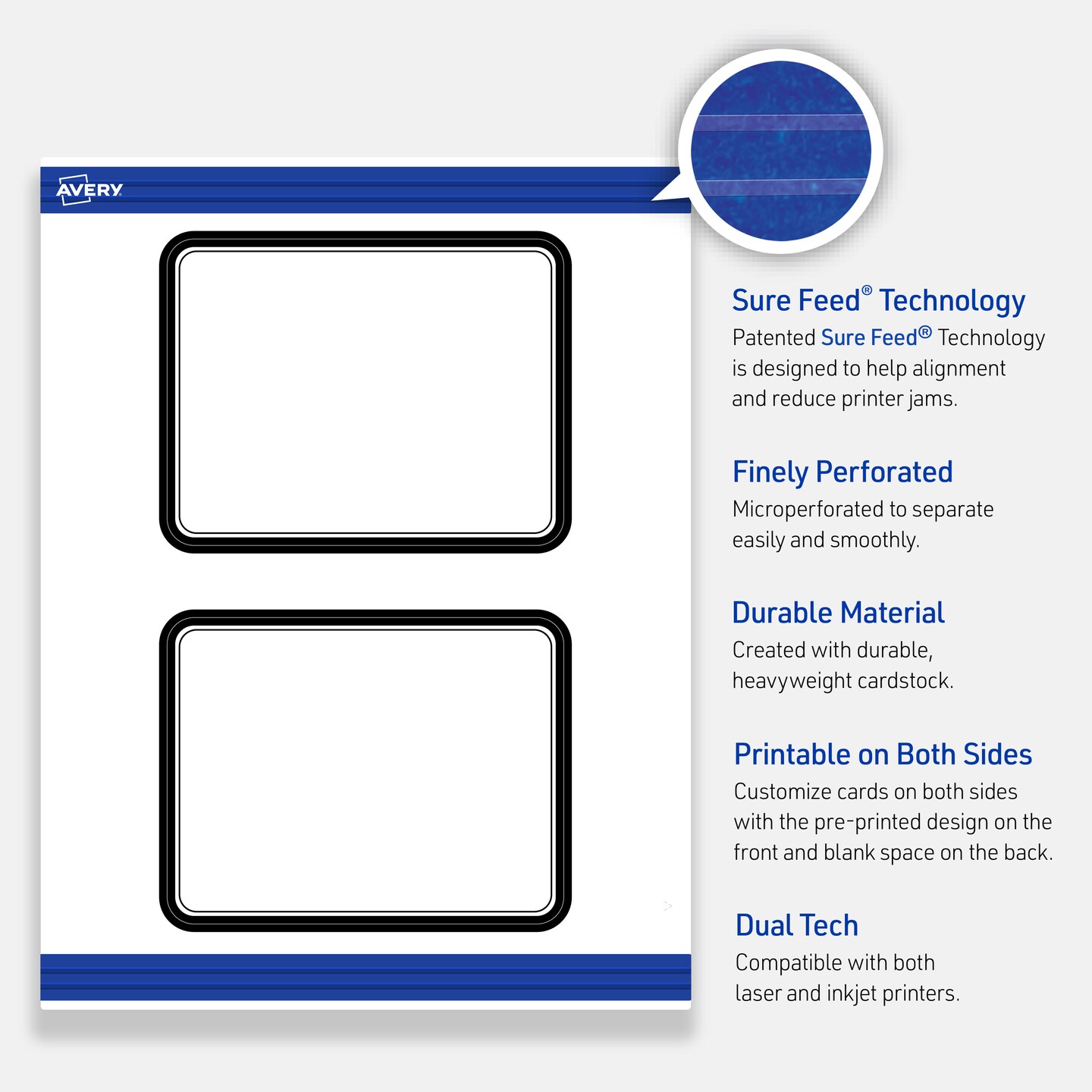 Avery Printable Rectangle Postcards with Rounded Corners, Double Black Border, 4.25&#x22; x 5.5&#x22;, Matte White Rectangle Postcards with Rounded Corners, Laser/Inkjet, 20ct, Great for Postcards