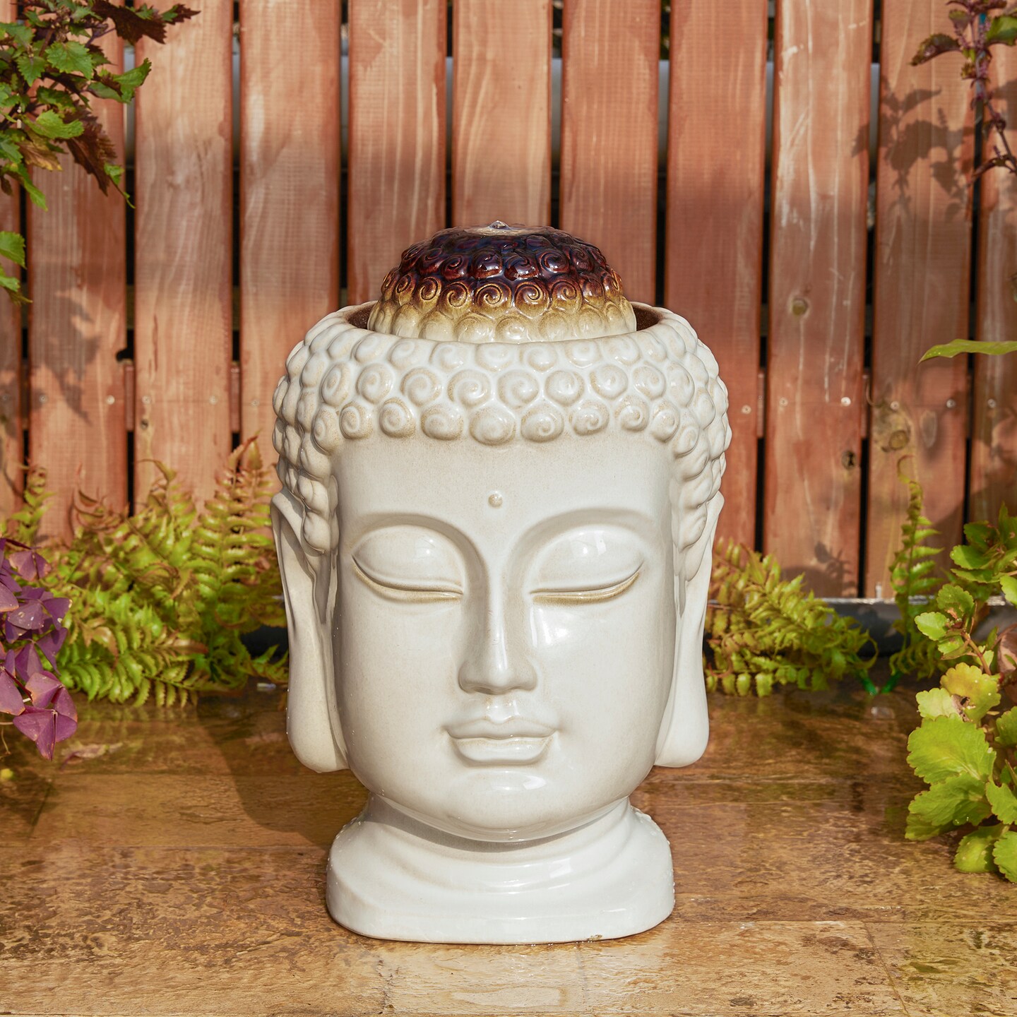 18.75"H Zen-Style Buddha Head Textured Glaze Ceramic Outdoor Tabletop or Floor Fountain with Pump