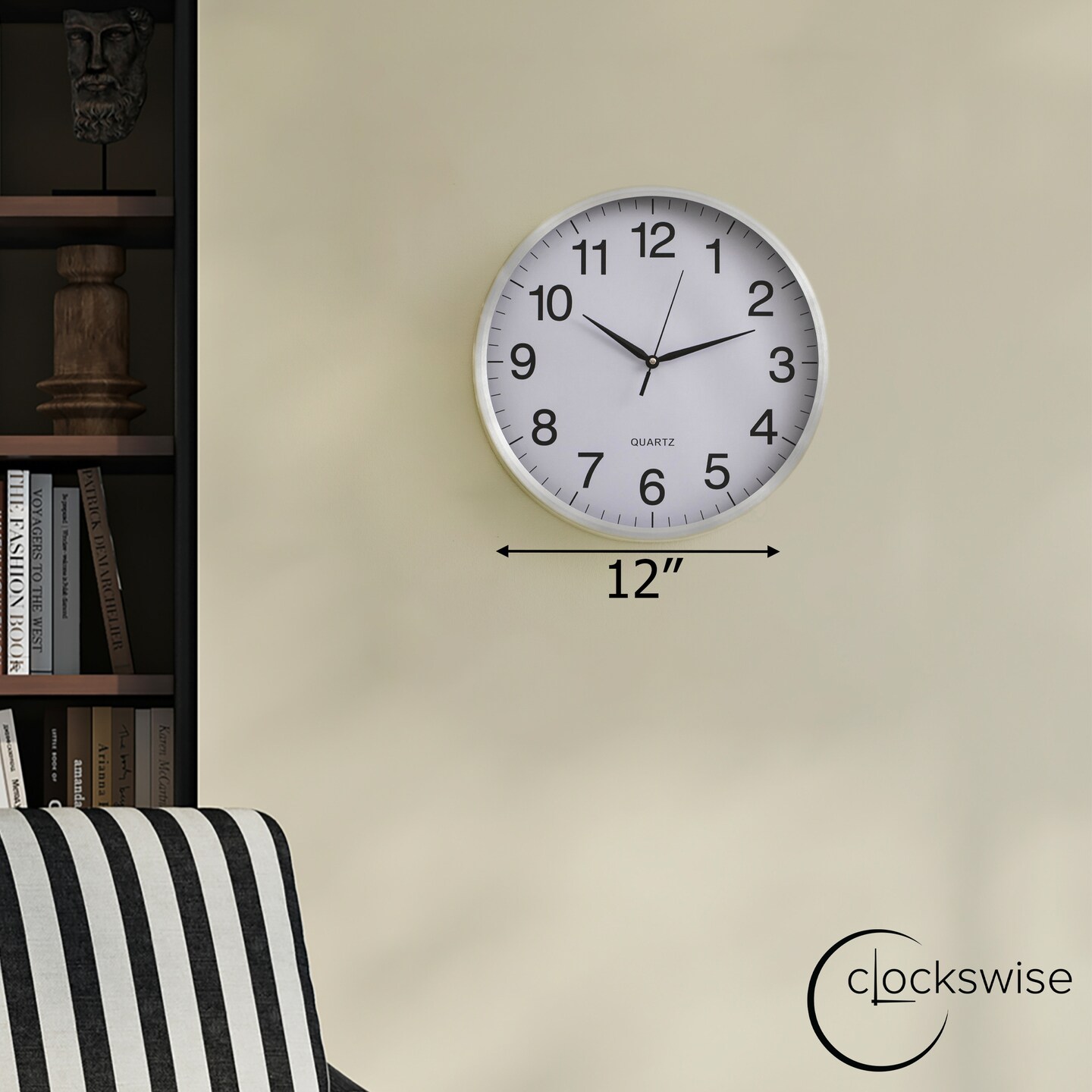 Clockswise Round Quartz Wall Clock Non-Ticking Battery Operated with Silent Sweep Movement, Aluminum Silver Frame, Perfect for Home Kitchen Office Living Room Study Hallway Classroom, Black Face