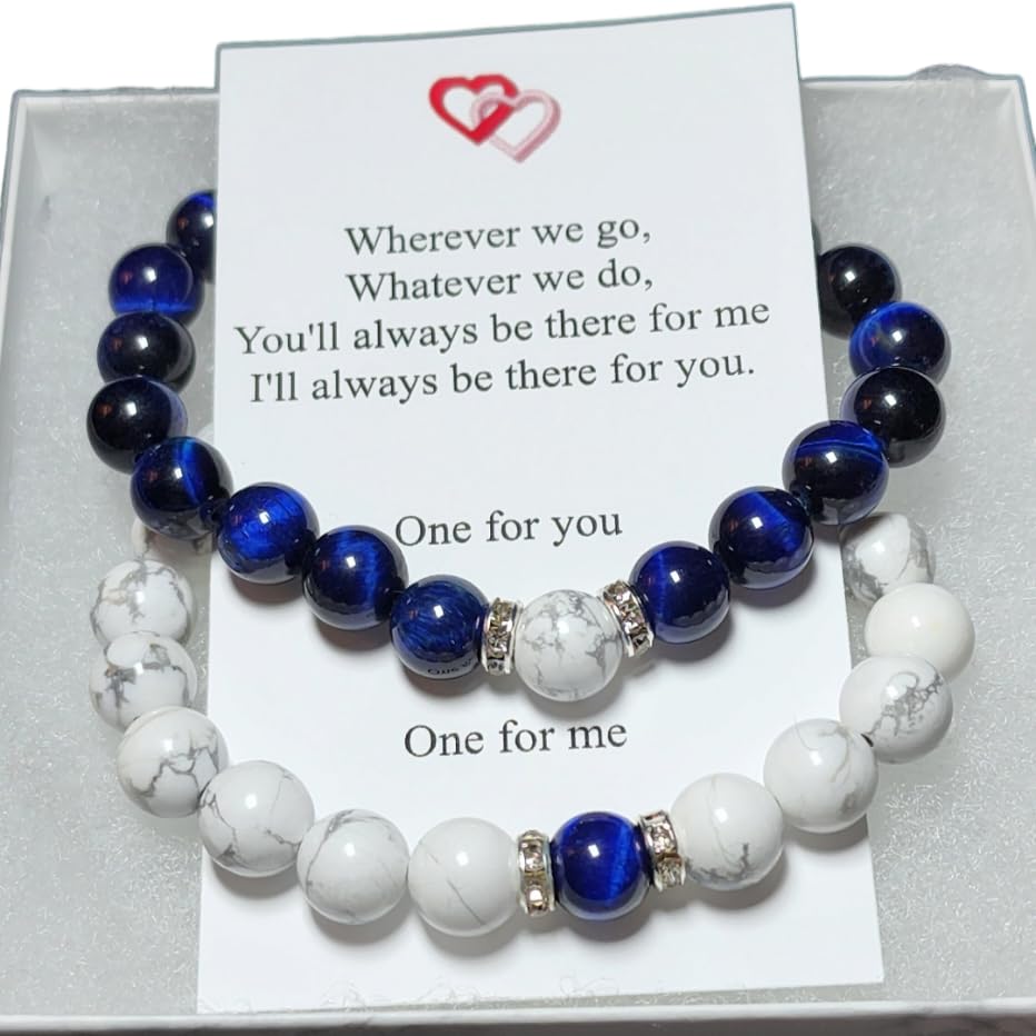 Magnetic Couples Bracelet Set, White Howlite And Blue Tiger Eye