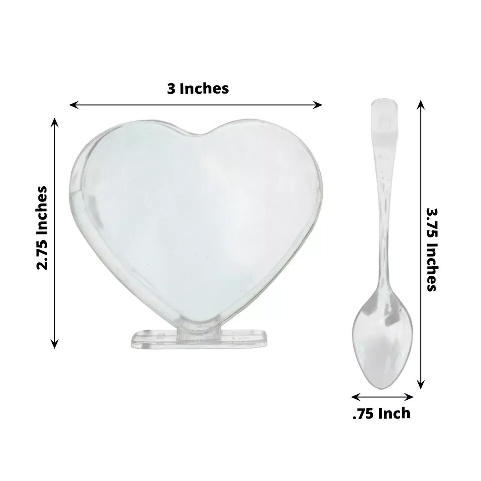 24 Clear 2 oz Heart Shaped Disposable Plastic Dessert CUPS SPOONS Party Events