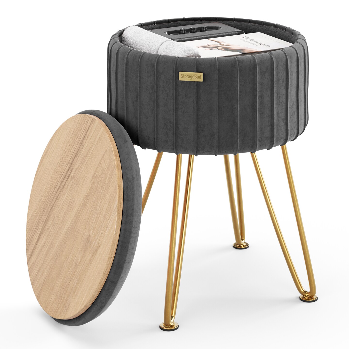StorageBud Pleated Velvet Storage Ottoman