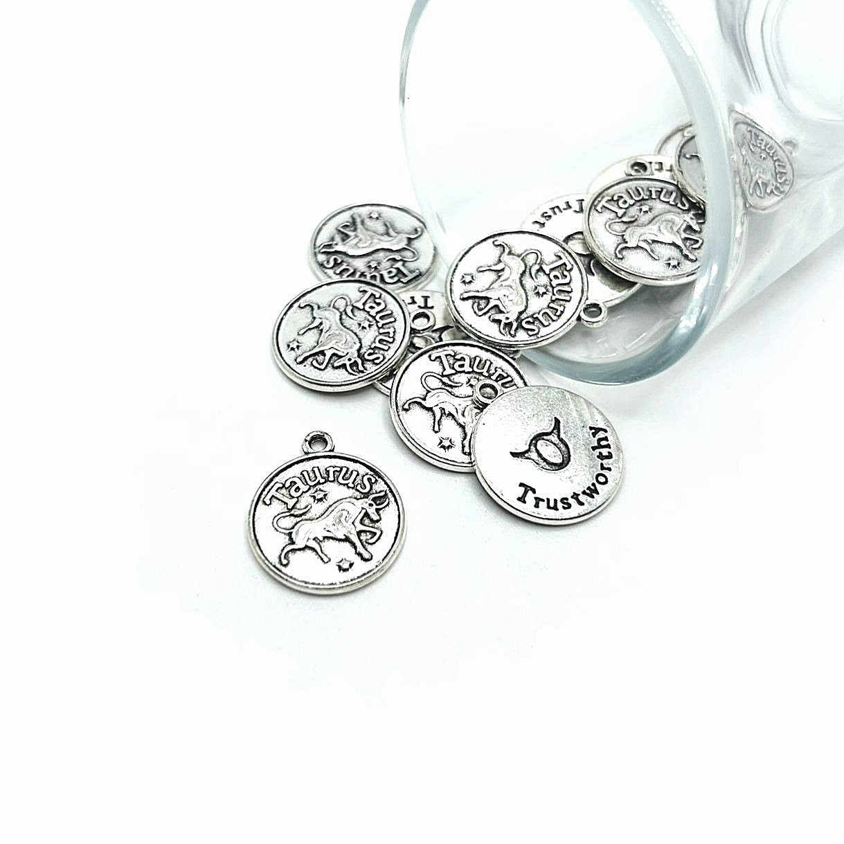 1, 4 or 20 Pieces: Silver Taurus Zodiac/Astrology Coin Charms, Double Sided