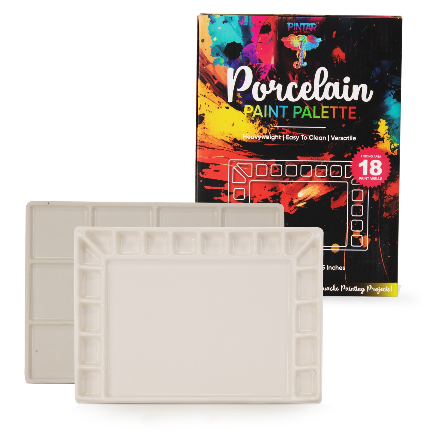 Pintar Ceramic Watercolor Paint Palette Tray - 18 -Well Ceramic Palette | Rectangle - 8&#x27;&#x27;x5.5&#x27;&#x27;x0.75&#x27;&#x27; Paint Pallet | Durable Watercolor Palette Tray for Acrylic, Oil, Gouache &#x26; All Water-Based Paints