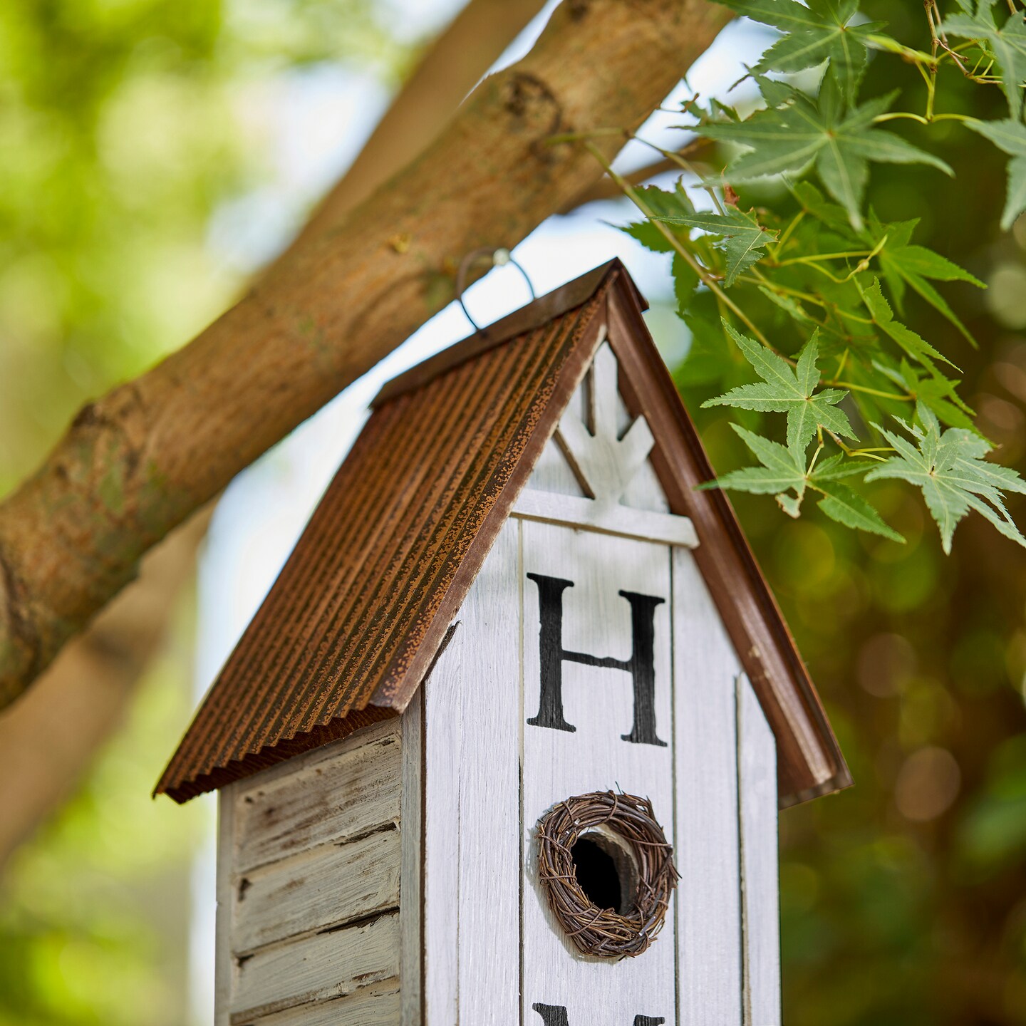 Set of 2 14.75"H Distressed Solid Wood "HOME" Inspiration Decorative Outdoor Garden Birdhouse