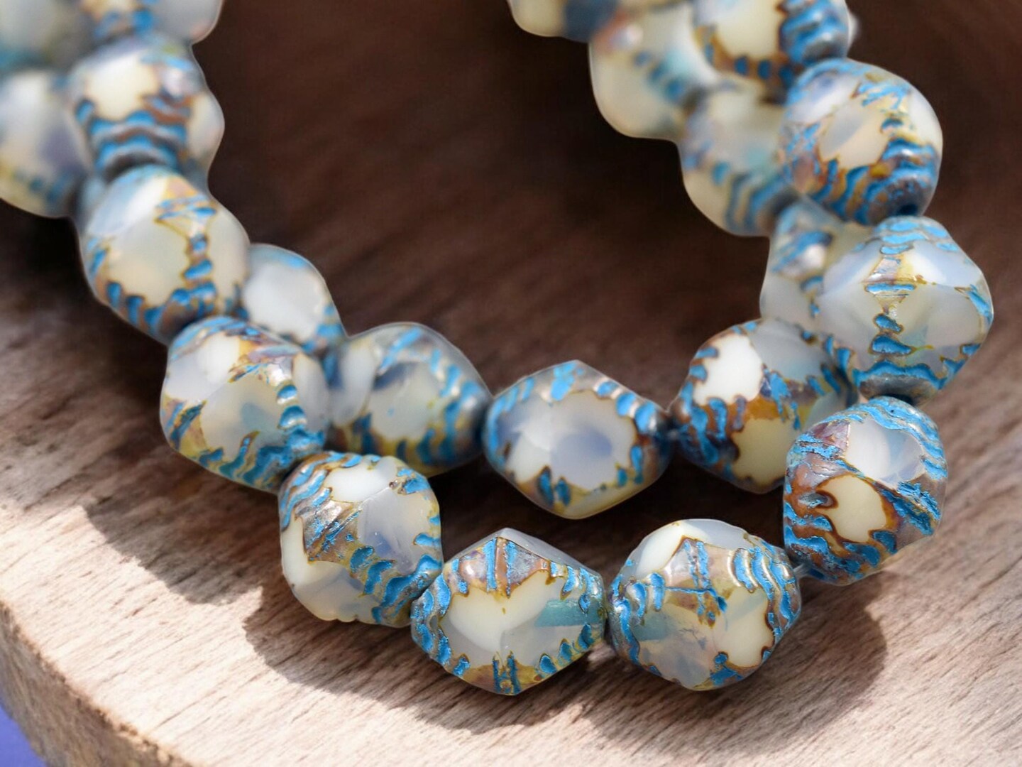 *15* 10x8mm Turquoise Washed White Opal Picasso  Faceted Bicone Beads